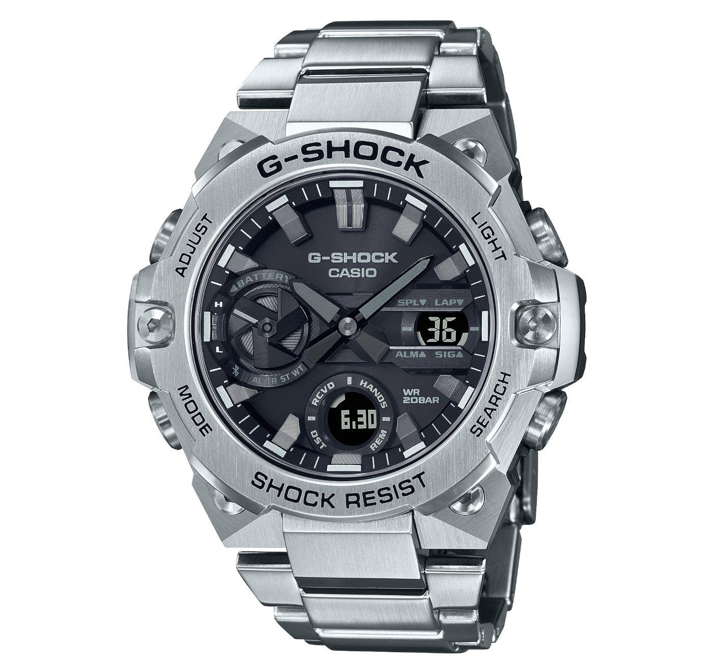 This Casio G-shock Analogue-Digital Watch for Men is the perfect timepiece to wear or to gift. It's Silver 41 mm Round case combined with the comfortable Silver Stainless steel will ensure you enjoy this stunning timepiece without any compromise. Operated by a high quality Quartz movement and water resistant to 20 bars, your watch will keep ticking. This sporty and trendy watch is a perfect gift for New Year, birthday,valentine's day and so on  -The watch has a Calendar function: Day-Date, Bluetooth, Solar Powered, Worldtime, Light High quality 21 cm length and 22 mm width Silver Stainless steel strap with a Fold over with push button clasp Case diameter: 41 mm,case thickness: 13 mm, case colour: Silver and dial colour: Black