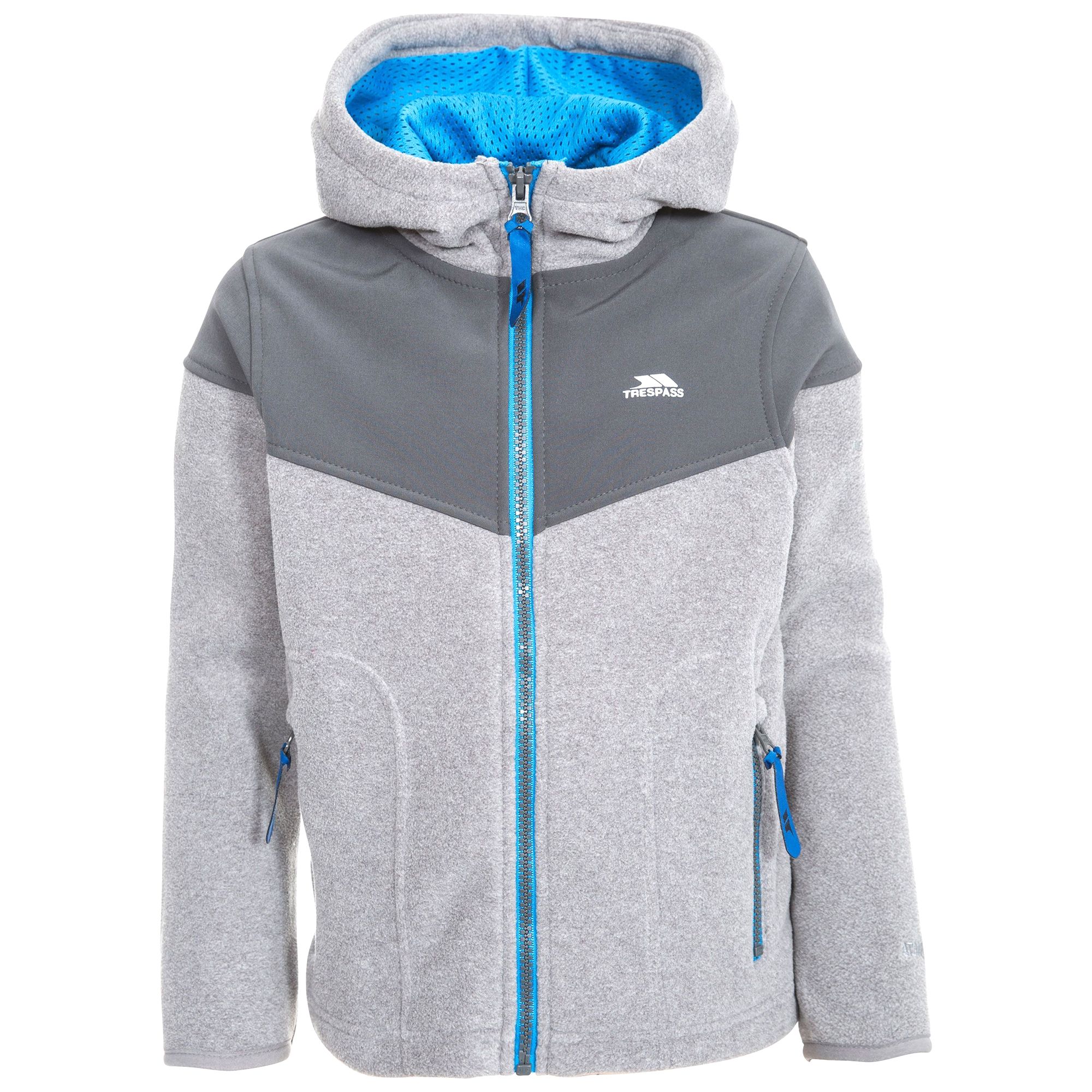 Boys fleece jacket with grown on hood. Contrast softshell panels. 2 x zip pockets. Contrast centre front and pocket zips. Contrast mesh hood lining. Binding at cuffs. Ideal for wearing outside on a cold day. Main: 100% Polyester. Contrast: 95% Polyester, 5% Elastane. Lining: 100% Polyester Mesh.