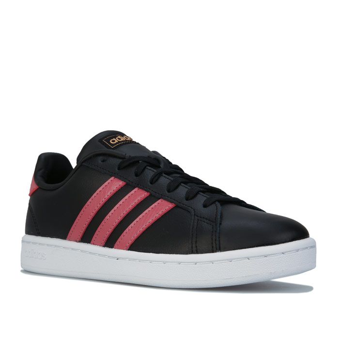 Womans adidas Grand Court Trainers in black.- Leather upper.- Regular fit.- Lace closure.- Iconic 3 stripes on the side.- adidas branding.- Cloudfoam Comfort sockliner.- Soft feel.- Rubber outsole.- Leather and synthetic upper  Synthetic and textile lining  Synthetic sole.- Ref.: FW0798