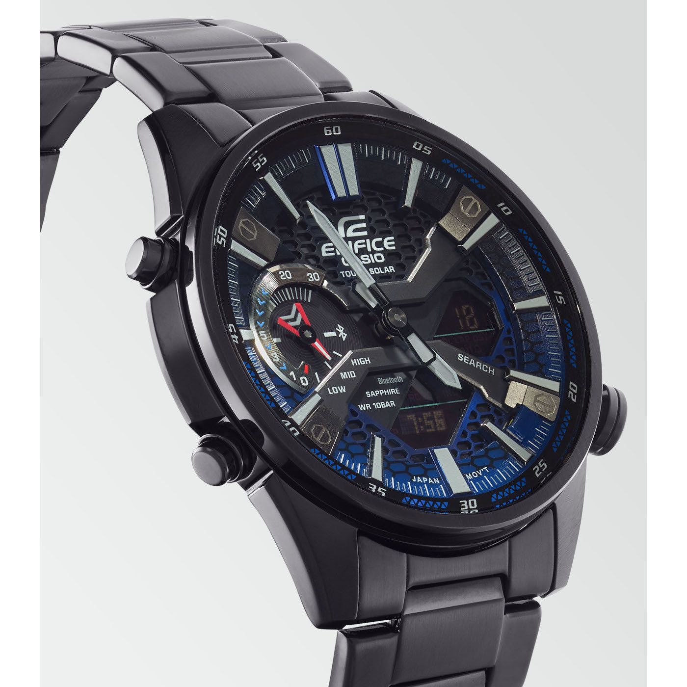 This Casio Edifice Analogue-Digital Watch for Men is the perfect timepiece to wear or to gift. It's Black 42 mm Round case combined with the comfortable Black Stainless steel watch band will ensure you enjoy this stunning timepiece without any compromise. Operated by a high quality Quartz movement and water resistant to 10 bars, your watch will keep ticking. This sporty and clasical watch is perfect for every occasion! -The watch has a calendar function: Day-Date, Bluetooth, Solar Powered, Stop Watch, Worldtime, Countdown High quality 21 cm length and 21 mm width Black Stainless steel strap with a Fold over with push button clasp Case diameter: 42 mm,case thickness: 10 mm, case colour: Black and dial colour: Black