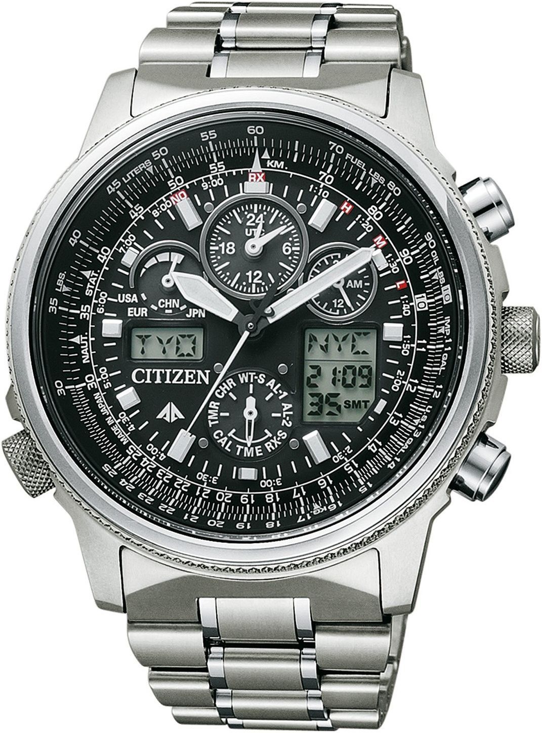 This Citizen Promaster Skyhawk Analogue-Digital Watch for Men is the perfect timepiece to wear or to gift. It's Silver 45 mm Round case combined with the comfortable Silver Titanium watch band will ensure you enjoy this stunning timepiece without any compromise. Operated by a high quality Eco-Drive movement and water resistant to 20 bars, your watch will keep ticking. This high quality sporty watch is solar powered (Recharged by any light source; no need for ever a battery)  - The watch has a Calendar function: Day-Date, Solar Powered, Radio Controlled, Stop Watch, Worldtime,Stop Watch High quality 19 cm length and 23 mm width Silver Titanium strap with a Fold over with push button clasp Case diameter: 45 mm,case thickness: 14 mm, case colour: Silver and dial colour: Black