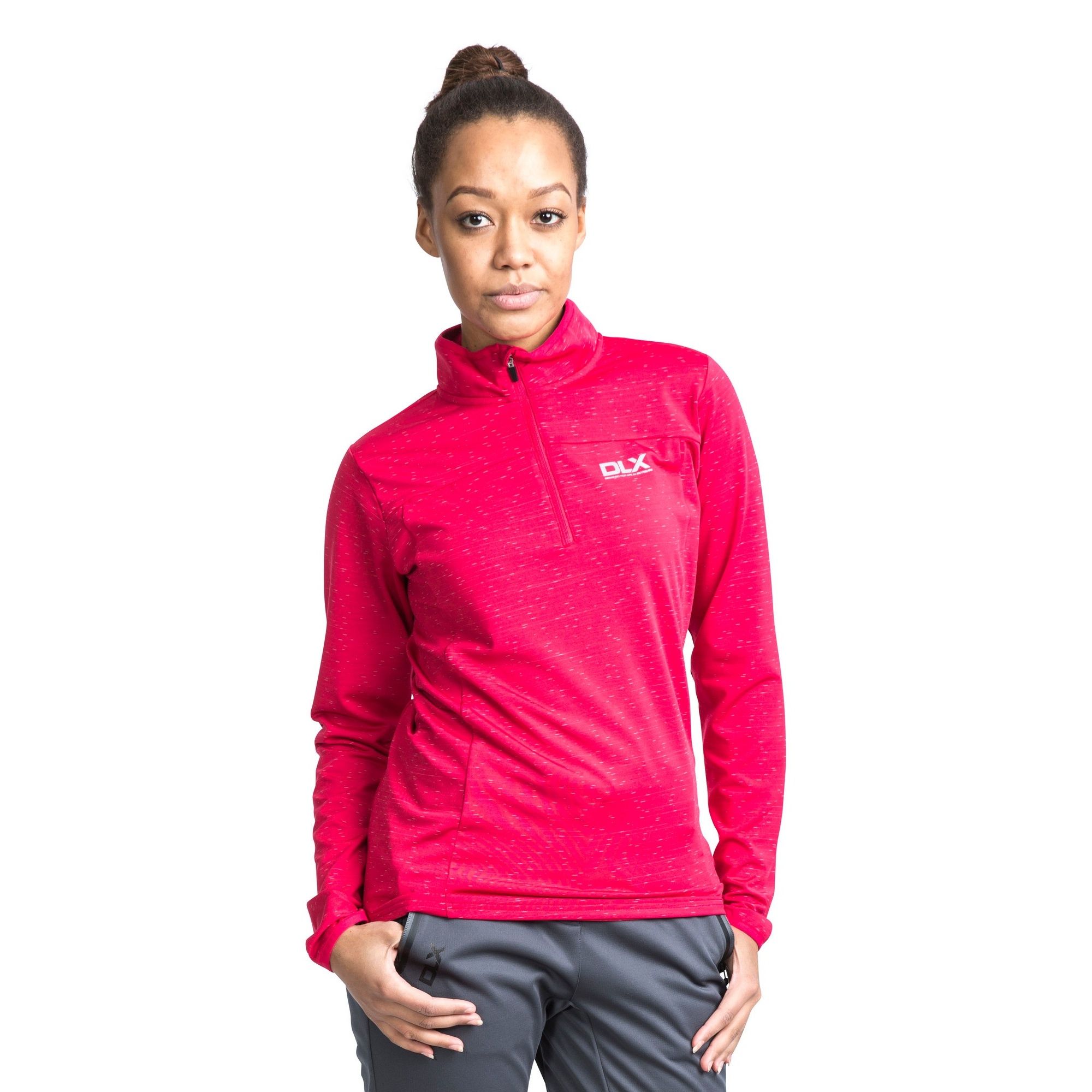 1/2 zip neck. Long sleeves. Zip with stripe detail. Stretch binding at cuff and neck. Quick dry. 88% Polyester/12% Elastane. Trespass Womens Chest Sizing (approx): XS/8 - 32in/81cm, S/10 - 34in/86cm, M/12 - 36in/91.4cm, L/14 - 38in/96.5cm, XL/16 - 40in/101.5cm, XXL/18 - 42in/106.5cm.