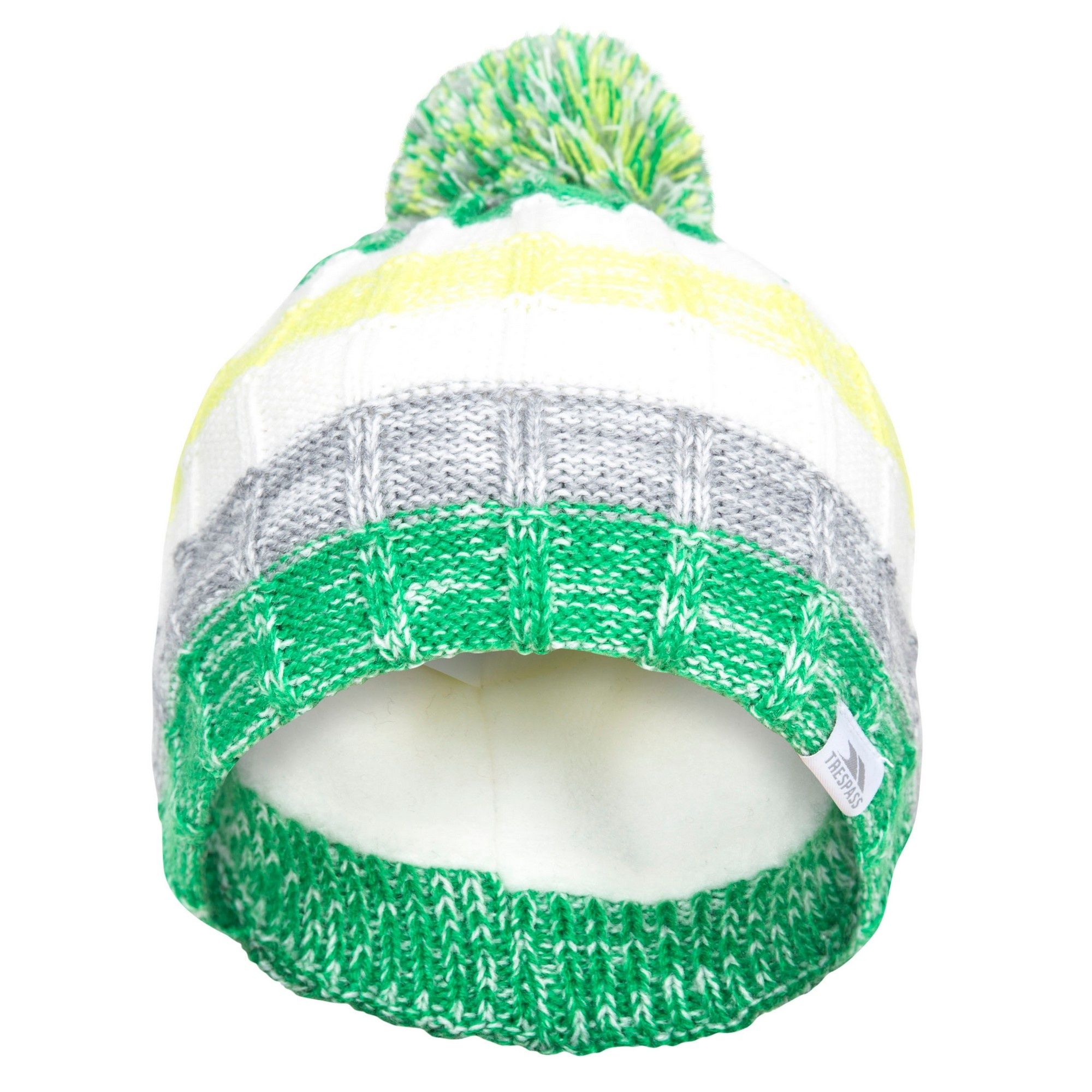 Knitted hat with pom pom. Fully fleece lined. Woven label. Outer: 100% Acrylic, Lining: 100% Polyester Anti pil fleece.