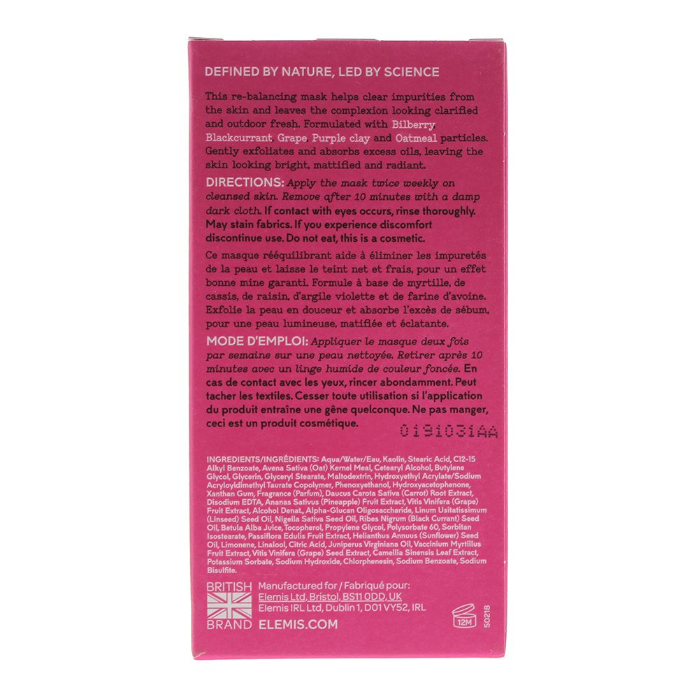 The Elemis Superfood Berry Boost Mask is a smoothie inspired Prebiotic Face Mask that purifies and refreshes the complexion within 10 minutes. The formula contains Brazilian Purple Clay, an Omega-rich SuperBerry Complex and Black Tea Extract, which helps to balance the skin and absorb excess oil. The mask has a hydrating formula and is enriched with a Prebiotic naturally derived from sugar which helps the skin's natural microflora.