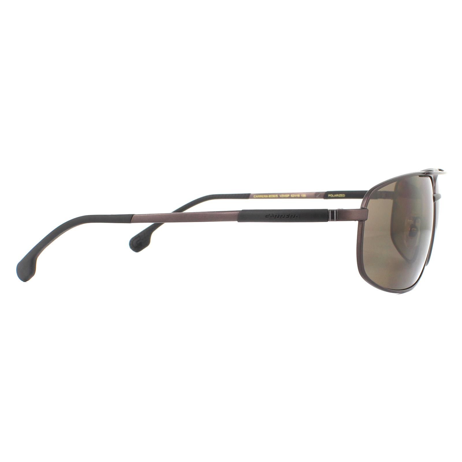 Carrera Sunglasses 8036/S VZH SP Matte Bronze Bronze Polarized are a wrap style made from metal with a double bridge, Carrera logos on the temples and rubberised inserts on the temple tips for comfort.