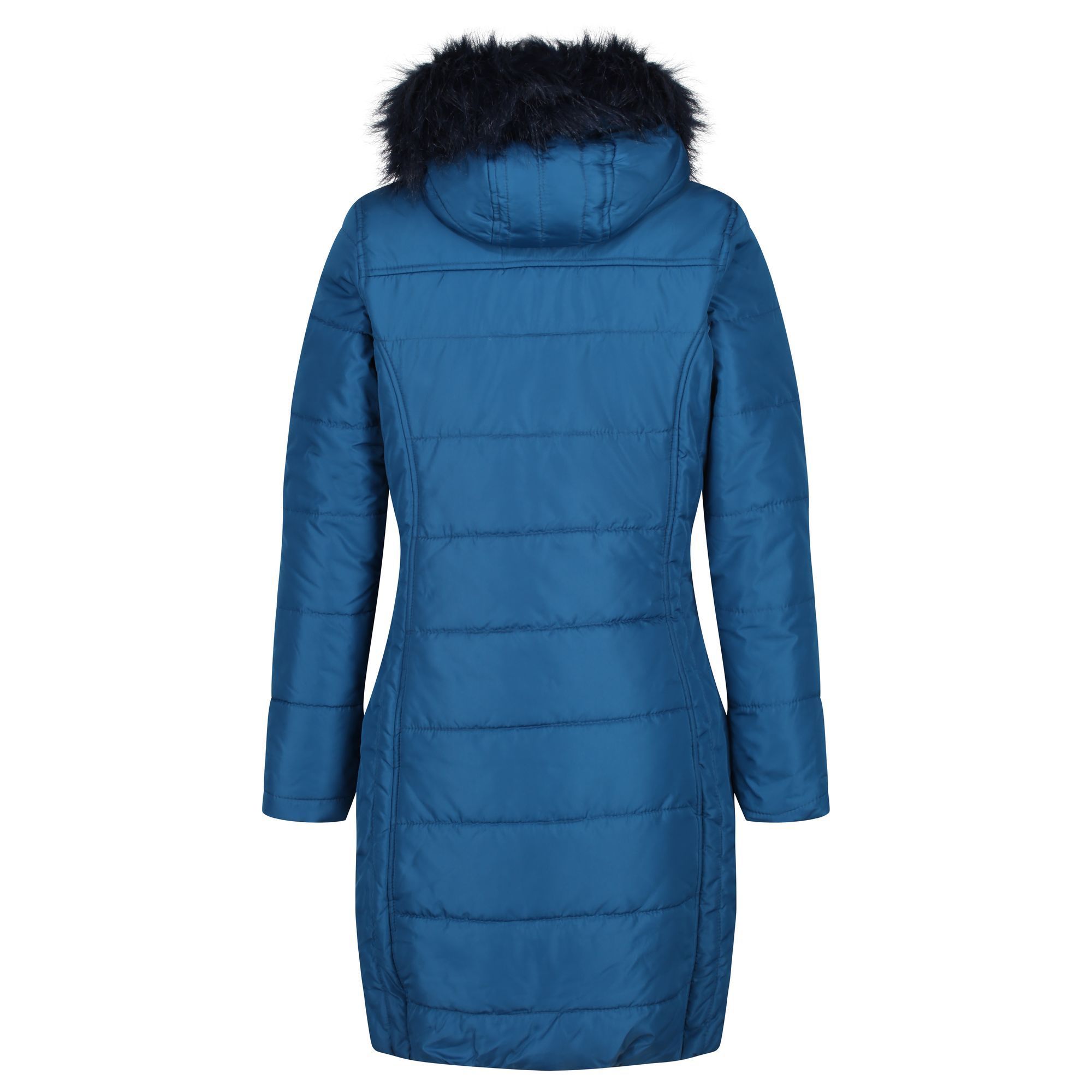 100% Polyester. Quilted water repellent polyester micro poplin. Thermo-Guard insulation. Polyester taffeta lined. Internal security pocket. Grown on hood with detachable faux fur trim.
