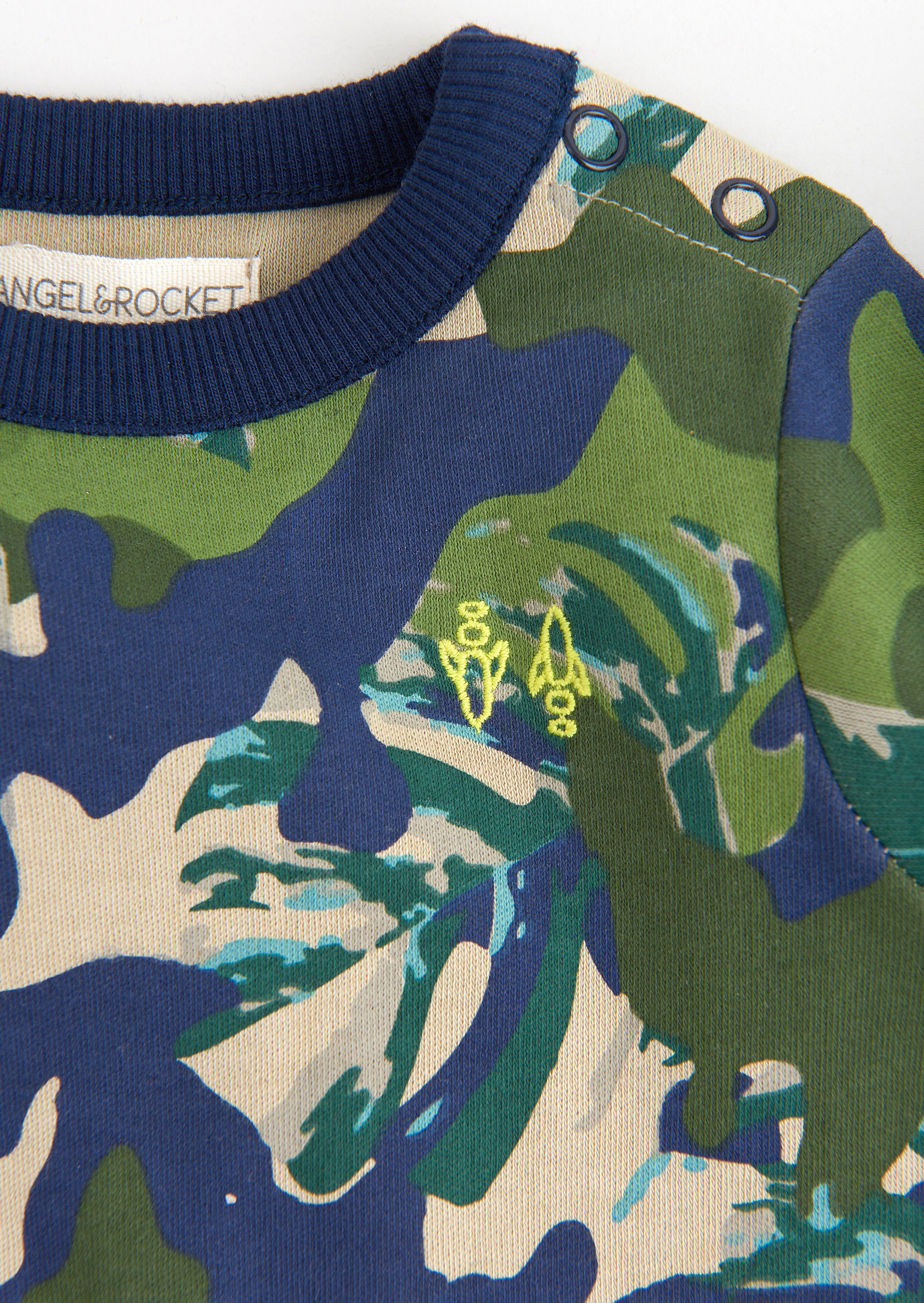 Here's one for your new recruit! All over printed tropical camo design with contrast navy trim. Made in super soft cotton jersey with popper leg opening for easy fuss free dressing and logo print on the feet.  Angel & Rocket cares – made with fairtrade cotton  Colour : Khaki print  About me: 100% cotton  Look after me – Think planet  wash at 30c
