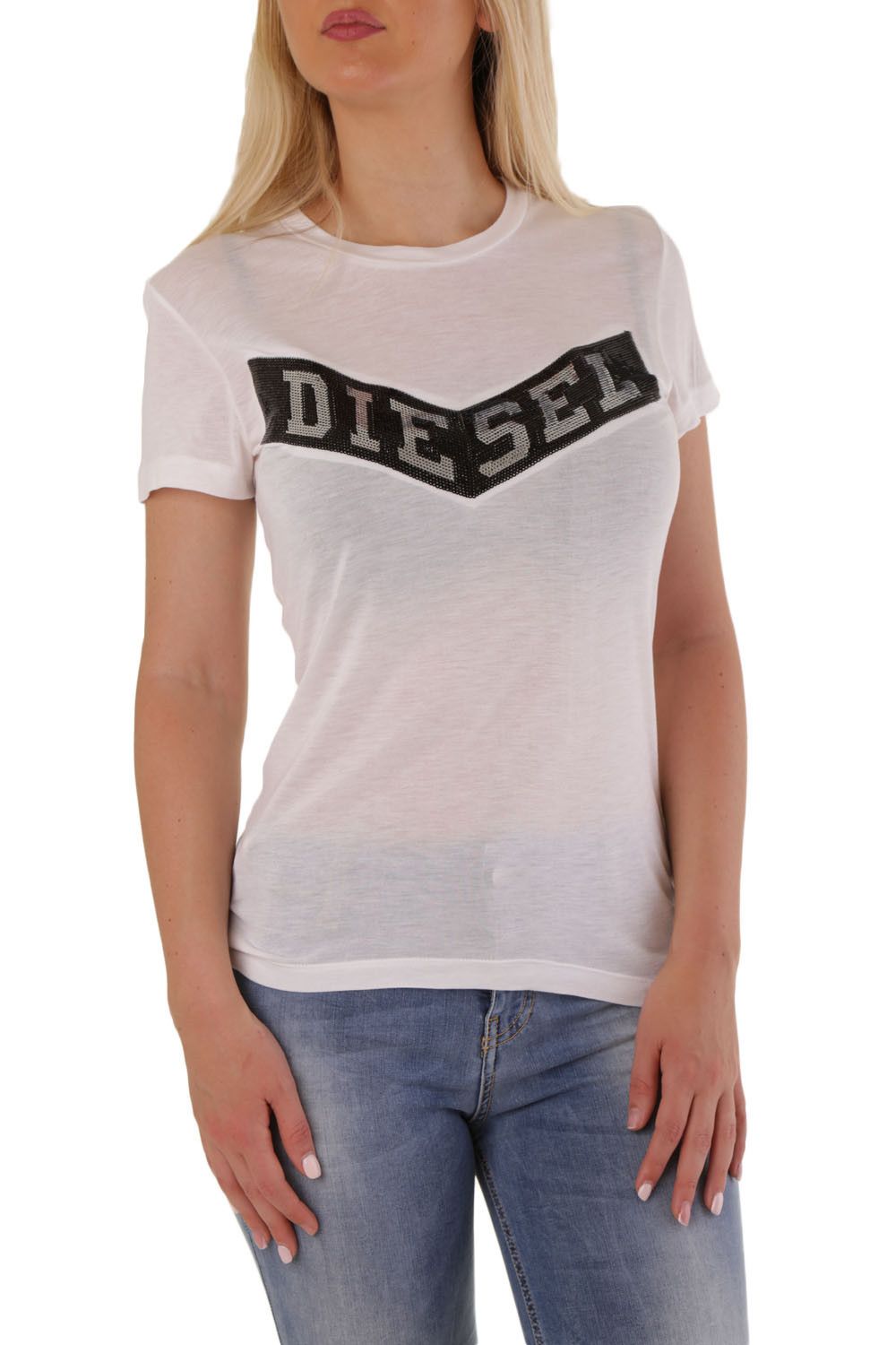 Brand: Diesel
Gender: Women
Type: T-shirts
Season: Spring/Summer

PRODUCT DETAIL
• Color: white
• Pattern: print
• Fastening: slip on
• Sleeves: short
• Neckline: round neck

COMPOSITION AND MATERIAL
• Composition: -100% viscose 
•  Washing: machine wash at 30°