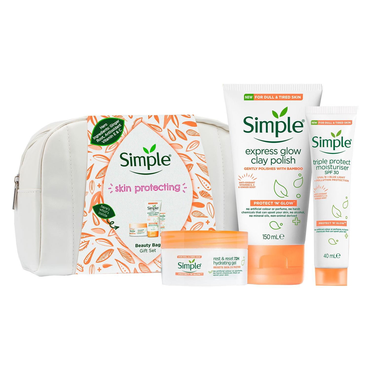 Know someone who is totally and utterly into taking care of their skin in the kindest way possible  The Simple Skin Protecting Beauty Bag Gift Set will make their entire day. Right from the get-go, the Simple philosophy has always been about being kind to skin, even the most sensitive. Because all skin can be sensitive at times. That's why this set of Christmas gifts comes with an abundance of Simple products that are kind to their skin. 

Featuring Protect 'N' Glow Rest and Reset 72h Hydrating Gel. Yasss! Supercharged with ingredients that help brighten dull complexions, this overnight gel is your shortcut to get the glow you've always dreamed of. Simple Protect 'N' Glow Triple Protect Moisturiser SPF 30 is your all-in-one secret weapon - think sun-protected, naturally glowing skin, without that greasy feeling. 

Features:
With brightening antioxidants, vitamins C & E, and organic Ginger Root Extract, this gel-textured night cream boosts your skin's natural renewal process, for glowing skin by morning
Our vegan Rest and Reset 72h Hydrating Gel is free from artificial colour, perfume and mineral oil and contains no harsh chemicals
Simple Protect 'N' Glow Triple Protect Moisturiser SPF 30 is super lightweight and doesn't leave residue on the skin. Amazing!
With brightening anti-oxidants such as vitamins C & E and organic ginger root extract as well as prebiotics, this moisturiser with SPF protects and hydrates your skin throughout the day

Safety Warnings: For external use only. Avoid getting into your eyes. For external use only. Avoid getting into your eyes. 

Each Gift Set Includes:
1x Simple Rest and Reset 72h Hydrating Gel, 50 ml
1x Simple Triple Protect Moisturiser SPF 30, 40 ml
1x Simple Express Glow Clay Polish Cleanser 150 ml