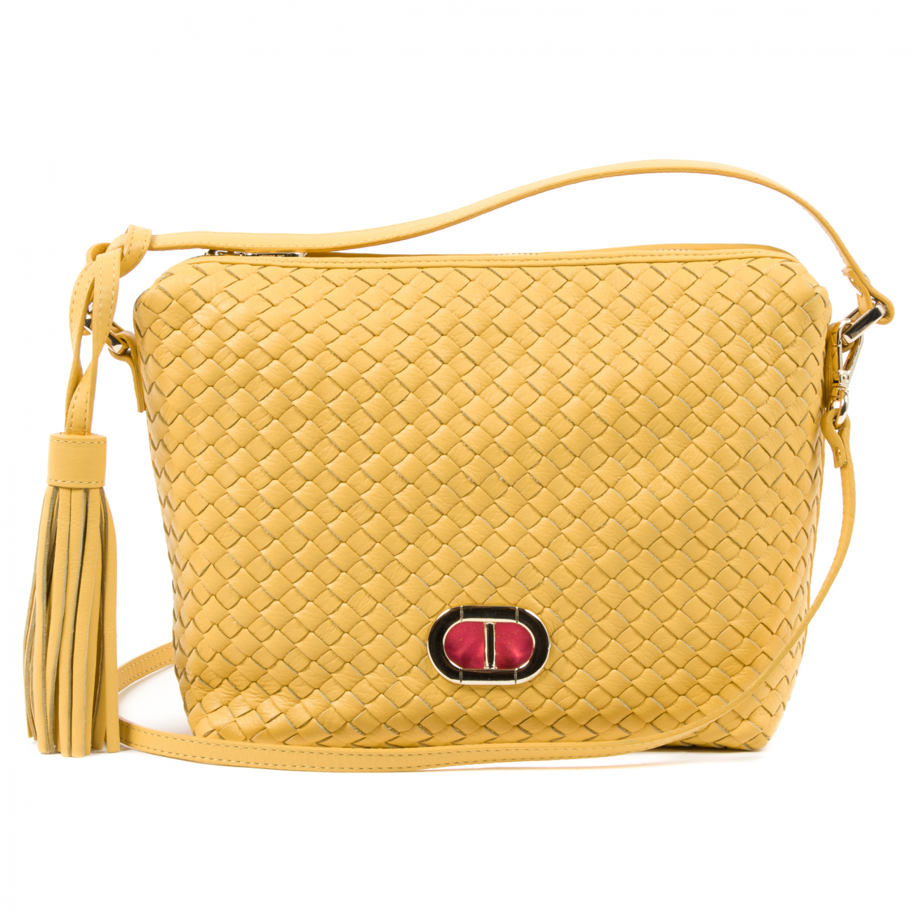 Details: GM1792 INTRECCIO MIAMI MAIS - Color: Yellow - Composition: 100% LEATHER - Made: ITALY - Measures (Width-Height-Depth): 32x22x10 cm - Front Logo - Zip Closure - Logo Inside - One Inside Zip Pocket - Removable Shoulder Strap