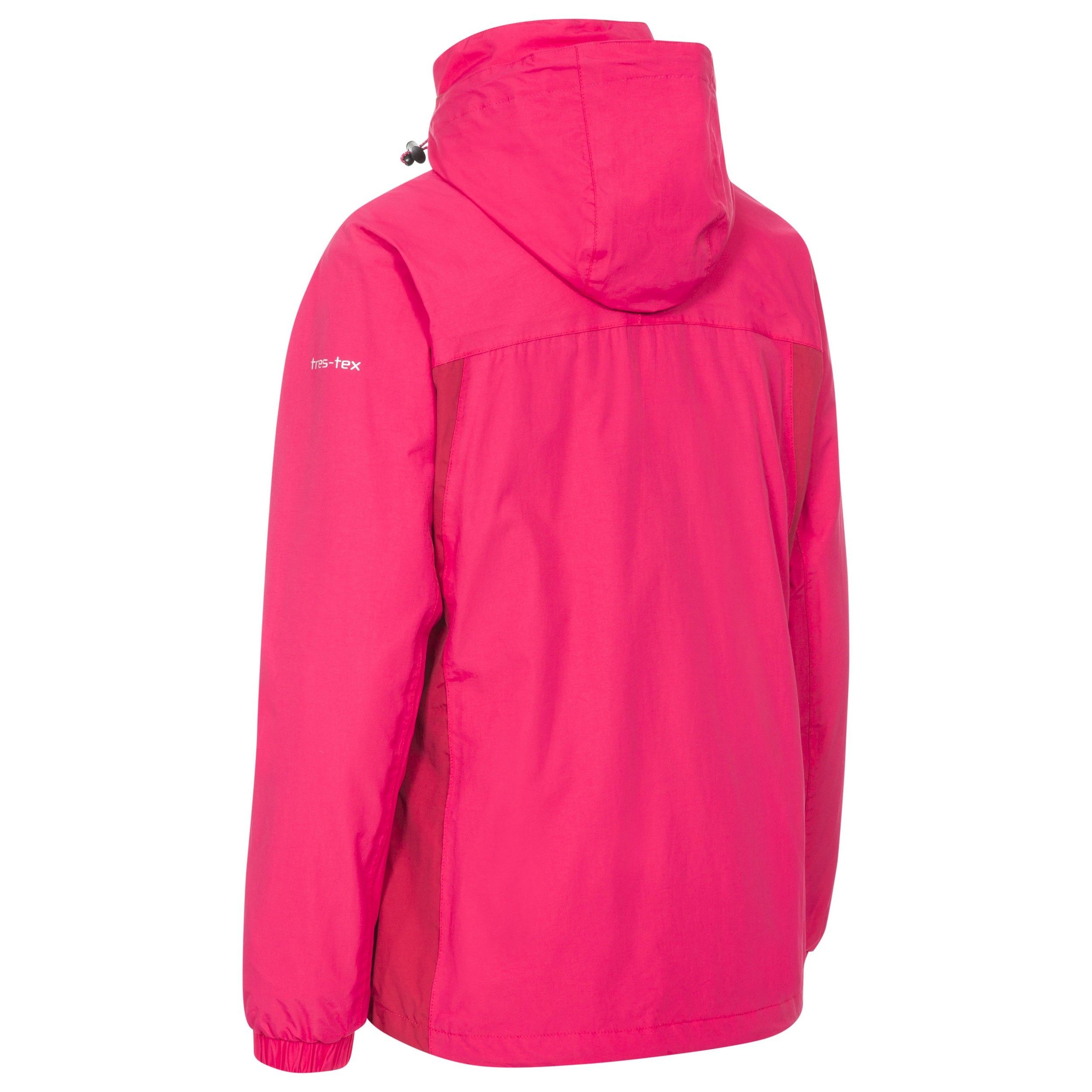 Shell: 100% Polyamide Taslan, PU coating, Lining: 100% Polyester, Inner fleece: 100% Polyester. Mesh lined with detachable inner fleece jacket with waterproof rating up to 5000mm and breathability up to 5000mvp. Adjustable cuffs. Adjustable zip off hood. Chin guard. Trespass Womens Chest Sizing (approx): XS/8 - 32in/81cm, S/10 - 34in/86cm, M/12 - 36in/91.4cm, L/14 - 38in/96.5cm, XL/16 - 40in/101.5cm, XXL/18 - 42in/106.5cm.