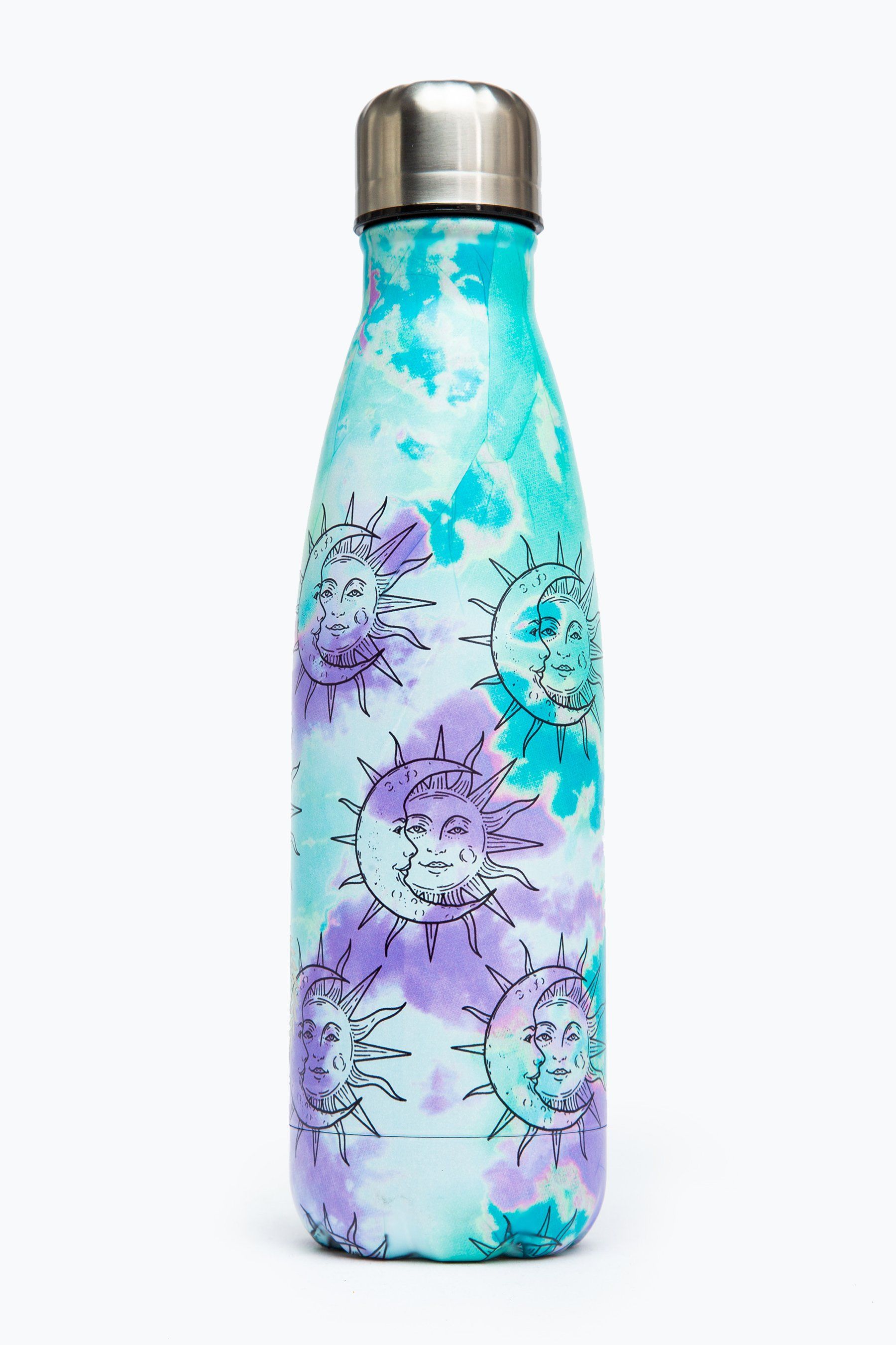 Meet the HYPE. Tie Dye Moon Metal Reusable Bottle, perfect for when you're on the go. Designed in Aluminium to ensure your water stays ice-cold and for chillier days, keeping your oat milk latte warm for longer. The design features a pastel mint and purple tie-dye base with an all-over psychic inspired moon overlay in a contrasting black. Finished with the iconic HYPE. crest logo in white on the front. Why not grab one of our lunch bags or backpacks with a bottle holder to complete the look, we suggest grabbing the matching set.