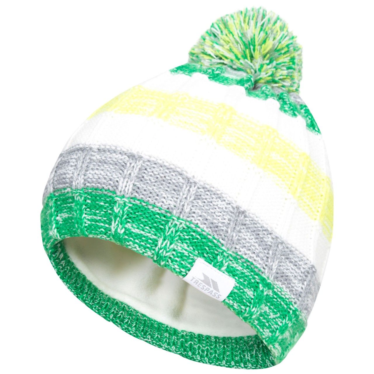 Knitted hat with pom pom. Fully fleece lined. Woven label. Outer: 100% Acrylic, Lining: 100% Polyester Anti pil fleece.