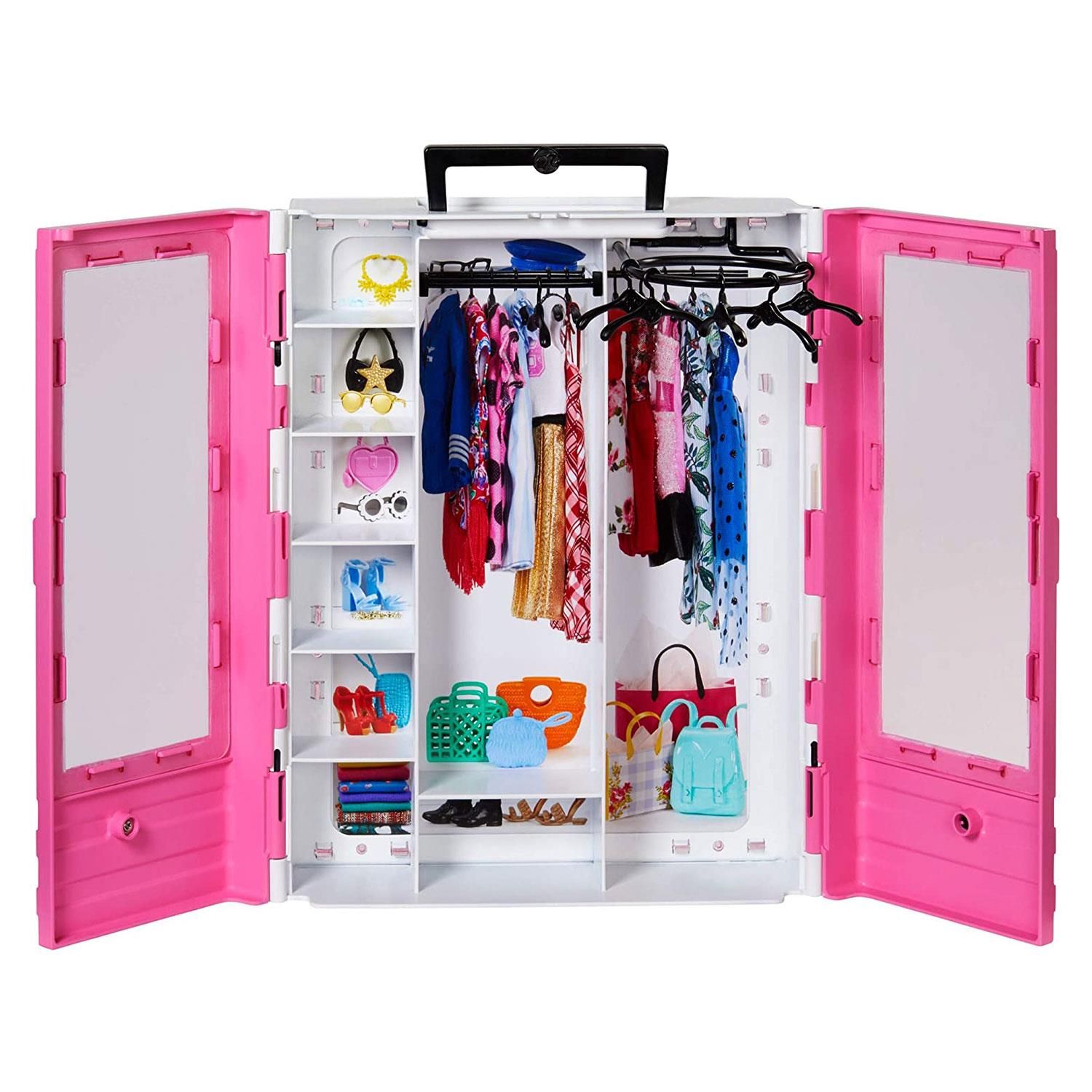 Pack a Barbie doll for a world of possibility! The Barbie Ultimate Closet is designed for portability with a carrying handle. Decorated with Barbie signature style, the pink closet features translucent doors for a peek into the wardrobe. Six included hangars help keep fashions fashionable, and lots of shelf space is perfect for the amazing accessories. A fold-out rack helps role-play dress-up fun. The easy carrying handle keeps the portable closet ready to travel, anywhere, for any occasion, because when a girl plays with Barbie, she imagines everything she can become! Includes portable closet and six hangers; doll and fashions not included. Colours and decorations may vary.