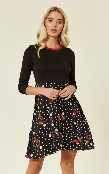 The Florence mini long-sleeved dress in black is perfect for work or casual drinks. Easy to dress up or down, this playful skater dress is the perfect choice for those throw-down days when you just want throw something on and still look amazing. Featuring three quarter length sleeves, a red collar stripe and polka dot hem details, this little black dress is sure to impress.
