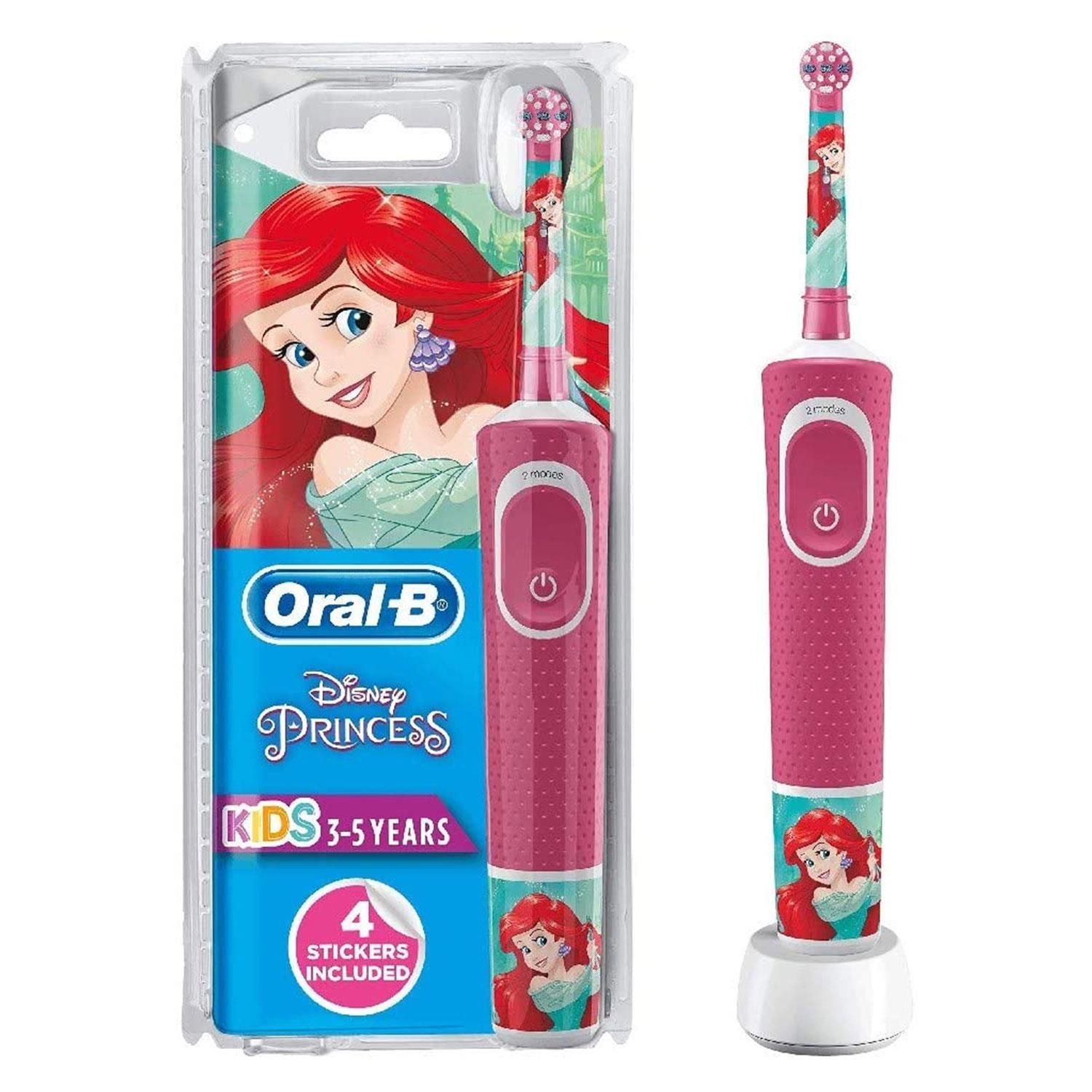 Oral-B Power Kids Electric Rechargeable Toothbrush Featuring Disney Princesses.  The Oral-B Stages Power Kids Electric Toothbrush, featuring fun and friendly Disney princesses, puts the power of clean in little hands. This rechargeable electric toothbrush features extra-soft bristles for young mouths and is compatible with the Disney MagicTimer app by Oral-B. Download the app to help your kids brush for a dentist-recommended 2 minutes and learn proper oral care habits that will last them a lifetime.

Features:

  Rotating powerhead reaches, surrounds and thoroughly cleans multiple surfaces
  Extra-soft bristles clean teeth as gently as a soft manual brush
  Removes more plaque than a regular manual toothbrush
  Makes brushing teeth fun with Disney Princess characters
  Compatible with the Disney MagicTimer App by Oral-B to help kids brush longer
  9 out of 10 kids will brush longer with the MagicTimer App
  Rechargeable battery lasts up to 5 days

The Box Contains:  Oral-B Stages Power Kids Electric Toothbrush Featuring Disney Princess, 1 Kids toothbrush head, 1 Toothbrush charger with a UK 2 pin plug