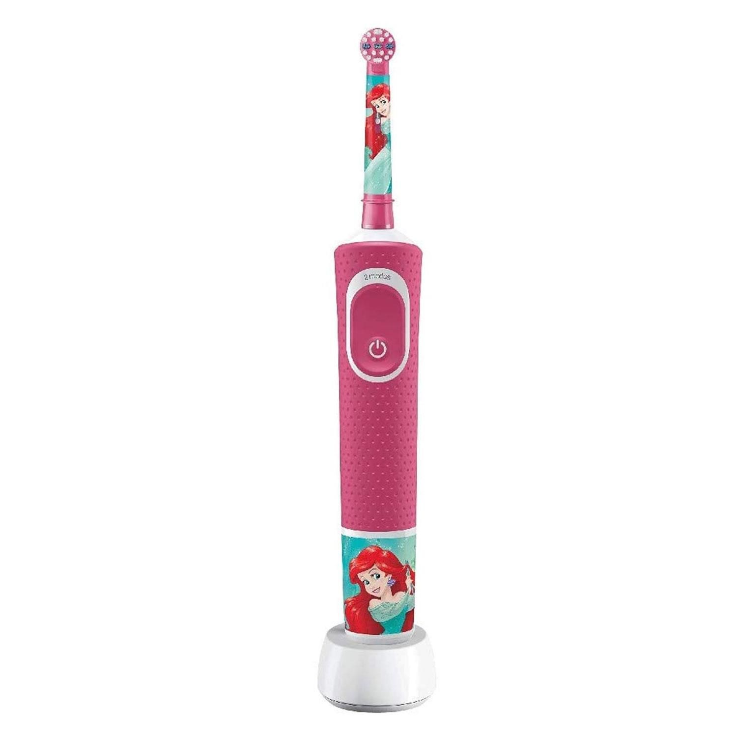 Oral-B Power Kids Electric Rechargeable Toothbrush Featuring Disney Princesses.  The Oral-B Stages Power Kids Electric Toothbrush, featuring fun and friendly Disney princesses, puts the power of clean in little hands. This rechargeable electric toothbrush features extra-soft bristles for young mouths and is compatible with the Disney MagicTimer app by Oral-B. Download the app to help your kids brush for a dentist-recommended 2 minutes and learn proper oral care habits that will last them a lifetime.

Features:

  Rotating powerhead reaches, surrounds and thoroughly cleans multiple surfaces
  Extra-soft bristles clean teeth as gently as a soft manual brush
  Removes more plaque than a regular manual toothbrush
  Makes brushing teeth fun with Disney Princess characters
  Compatible with the Disney MagicTimer App by Oral-B to help kids brush longer
  9 out of 10 kids will brush longer with the MagicTimer App
  Rechargeable battery lasts up to 5 days

The Box Contains:  Oral-B Stages Power Kids Electric Toothbrush Featuring Disney Princess, 1 Kids toothbrush head, 1 Toothbrush charger with a UK 2 pin plug