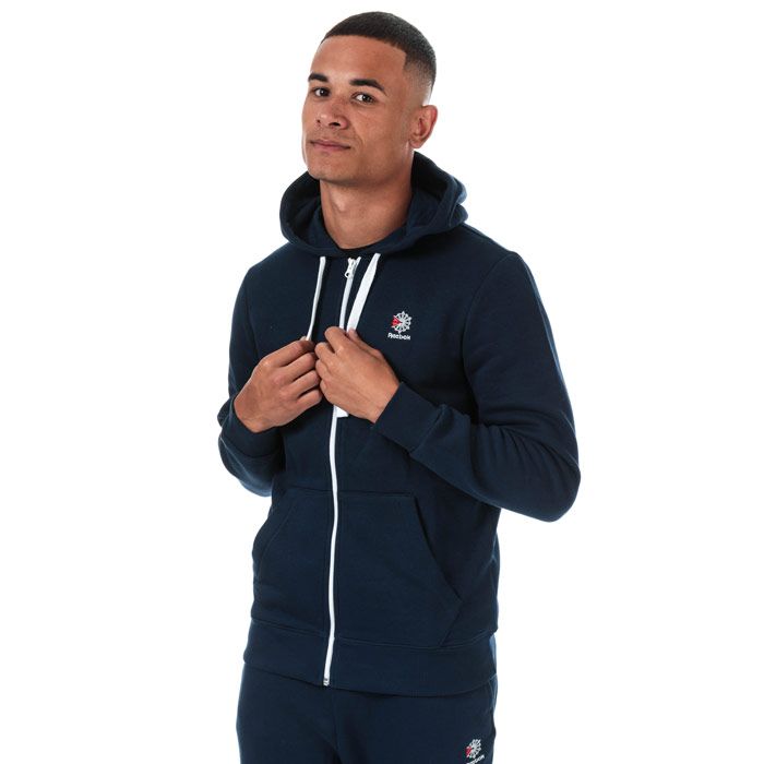 Mens Reebok Classics Fleece Zip Hoody in collegiate navy.<BR><BR>- Drawcord-adjustable hood.<BR>- Full zip fastening.<BR>- Long sleeves.<BR>- Kangaroo style pockets to front.<BR>- Reebok Classics Starcrest logo embroidered at left chest.<BR>- Cropped length.<BR>- Regular fit.<BR>- Main material: 80% Organic cotton  20% Polyester.  Rib: 95% Cotton  5% Elastane.  Hood lining: 100% Cotton.  Machine washable.<BR>- Ref: DT8128