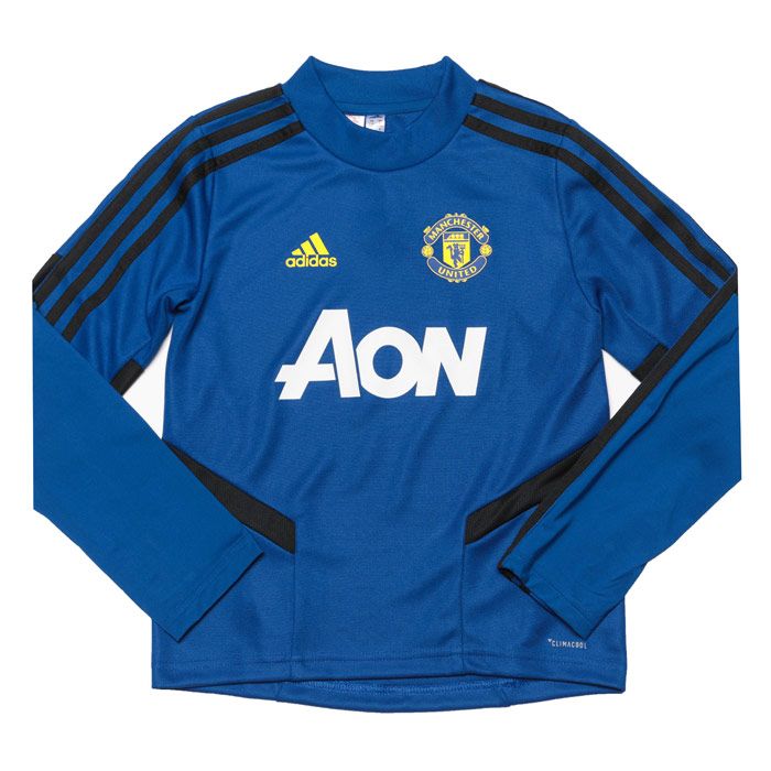 Junior Boys adidas MUFC Training top  Blue. <BR><BR>- Regular fit is wider at the body  with a straight silhouette. <BR>- Crewneck.<BR>- Long sleeves. <BR>- 100% polyester doubleknit.<BR>- Thumbholes on cuffs; Mesh inserts on sides; Ribbed inserts on sleeves. <BR>- Sweat-wicking Climalite fabric; Manchester United crest. <BR>- Made with recycled polyester to save resources and decrease emissions. <BR>- Main material; 100% polyester. Sleeve insert; 80% polyester  20% elastane. Machine washable.<BR>- Ref: DX9039J