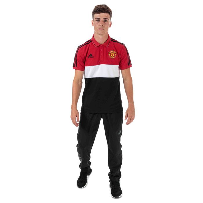 Mens adidas Manchester United Polo Shirt in real red - white - black.<BR><BR>- Ribbed polo collar with contrast tipping.<BR>- 3 button placket.<BR>- Short sleeves with ribbed cuffs.<BR>- Applied 3-Stripes at shoulders and sleeves.<BR>- Even vented hem.<BR>- Manchester United embroidered crest at left chest.<BR>- Embroidered adidas Badge of Sport logo at right chest.<BR>- Tonal back neck tape.<BR>- Slim fit.<BR>- Main material: 58% Cotton  42% Polyester.  Rib: 50% Cotton  42% Polyester  3% Elastane.  Machine washable.<BR>- Ref: DX9068