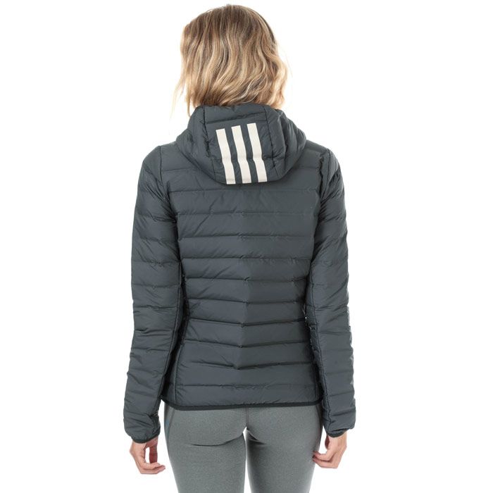 Womens adidas Varilite 3-Stripes Hooded Down Jacket in carbon.<BR><BR>- Water resistant down stays dry longer and maintains a higher loft to retain warmth even when wet.<BR>- adidas conextbaffles stable down chambers are weaved into the material and connected without using any additional thread for better wind- and water resistance.<BR>- Fixed hood with reflective 3-Stripes and stretch binding trim.<BR>- Full zip fastening with chin guard and inner storm placket. <BR>- Elasticated cuffs with stretch binding trim.<BR>- Zipped front seam pockets.<BR>- Headphones channel in right pocket.<BR>- Inner slip pockets.<BR>- Reflective adidas Badge of Sport logo printed at left chest.<BR>- Slim fit.<BR>- Measurement from shoulder to hem: 23in approximately.  <BR>- Body: 100% Polyester.  Pockets: 100% Polyester.  Filling: 80% Duck down  20% Feather.  Machine washable.<BR>- Ref: DZ1520<BR><BR>Measurements are intended for guidance only.