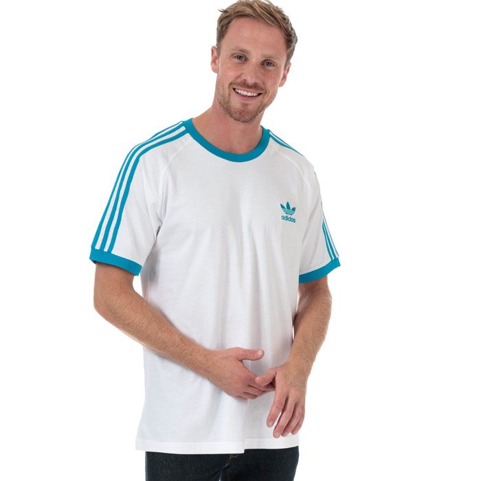 Mens adidas Originals 3-Stripes T-Shirt in white - shock cyan.<BR><BR>- Ribbed crew neck.<BR>- Short raglan sleeves with ribbed cuffs.<BR>- Applied 3-Stripes at shoulders and sleeves.<BR>- Embroidered Trefoil logo at left chest.<BR>- Tonal back neck tape.<BR>- Slim fit.<BR>- 100% Cotton.  Machine washable.<BR>- Ref: DZ4586