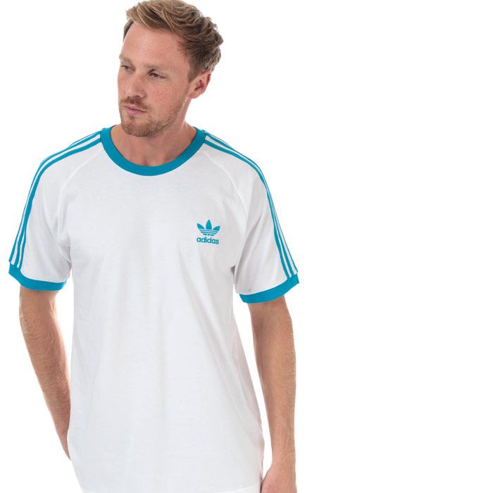 Mens adidas Originals 3-Stripes T-Shirt in white - shock cyan.<BR><BR>- Ribbed crew neck.<BR>- Short raglan sleeves with ribbed cuffs.<BR>- Applied 3-Stripes at shoulders and sleeves.<BR>- Embroidered Trefoil logo at left chest.<BR>- Tonal back neck tape.<BR>- Slim fit.<BR>- 100% Cotton.  Machine washable.<BR>- Ref: DZ4586