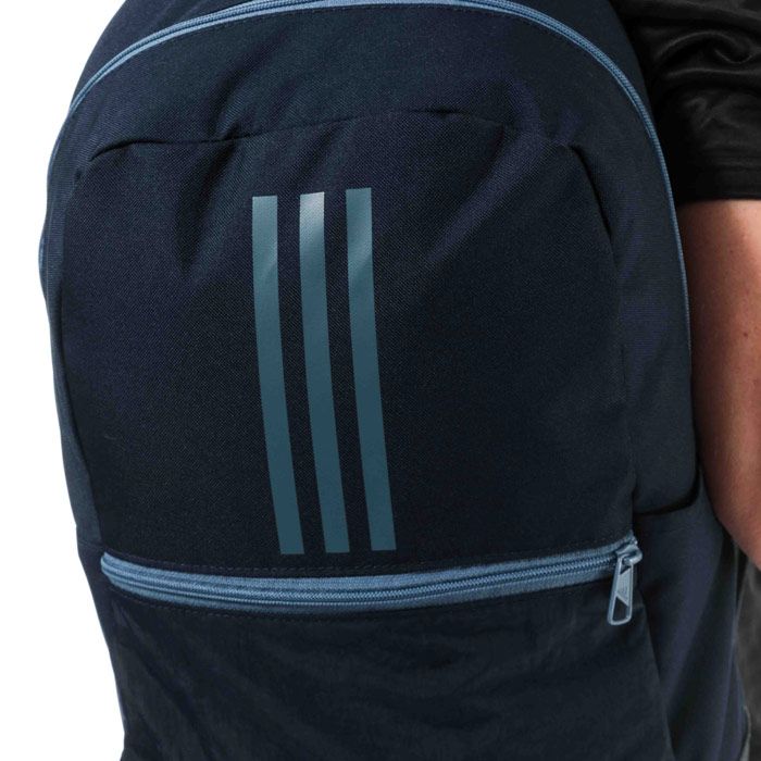 Mens adidas Originals Classic 3-Stripes Backpack  Navy. <BR><BR>- Dimensions: 30 cm x 44 cm x 17cm <BR>- Volume: 24L.<BR>- Trefoil backpack.<BR>- Front zip pocket.<BR>- Side water bottle pockets.<BR>- Padded adjustable shoulder straps.<BR>- This product is made with Primegreen  a series of high-performance recycled materials. <BR>- 100% recycled polyester plain weave. Machine washable.<BR>- Ref: DZ8263.