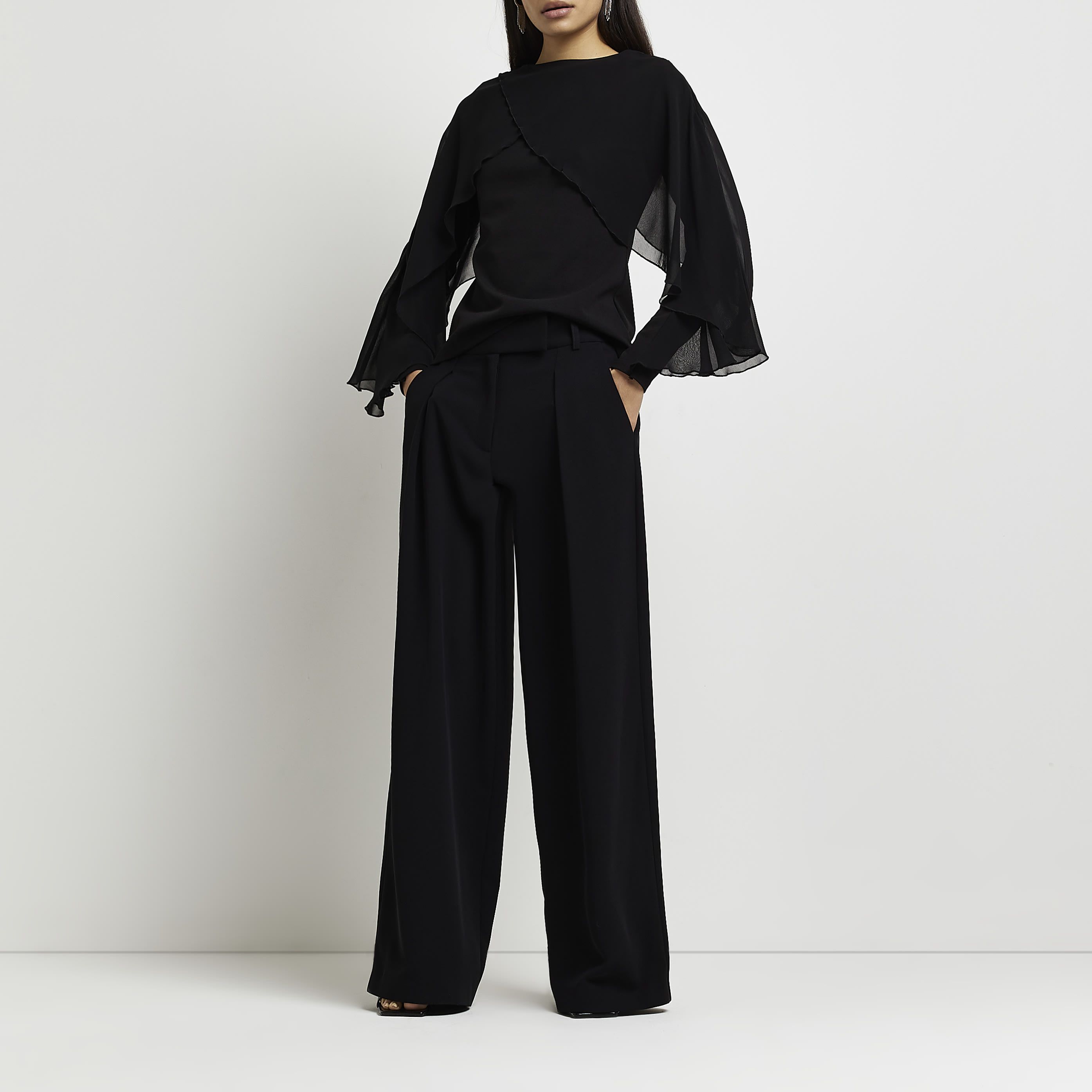 River Island Womens Top Mesh Cape Sleeve Black