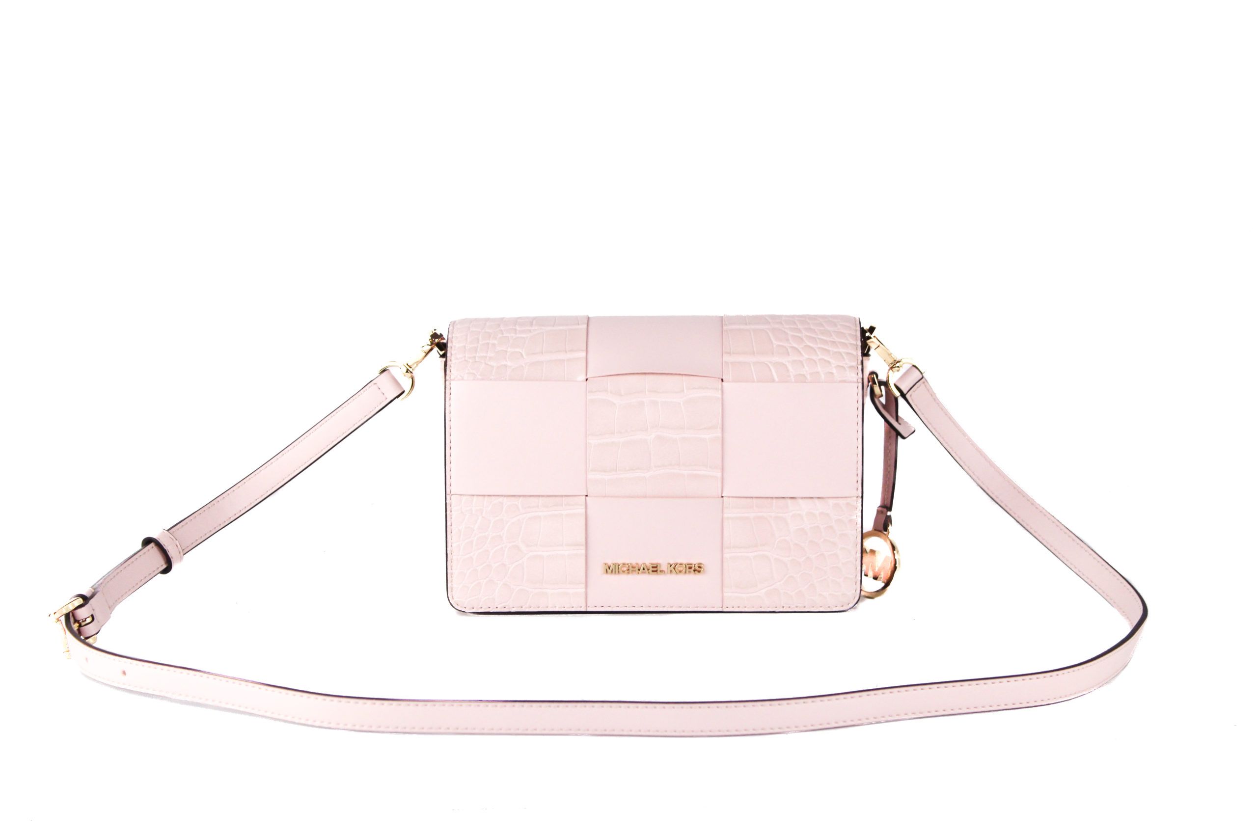 Brand New with Tags Attached (100% Authentic). 
Style:. Michael Kors Mercer Small Flap Clutch Crossbody (Powder Blush)
Material:. Crocodile Print & Patent Leather
Features: Convertible (Crossbody or Clutch), Adjustable/Detachable Crossbody Strap, Inner Slip and Zip Pockets, Magnetic Snap Flap Closure. 
Measures: 21.59 cm. W x 14.60 cm H x 8.25 cm D