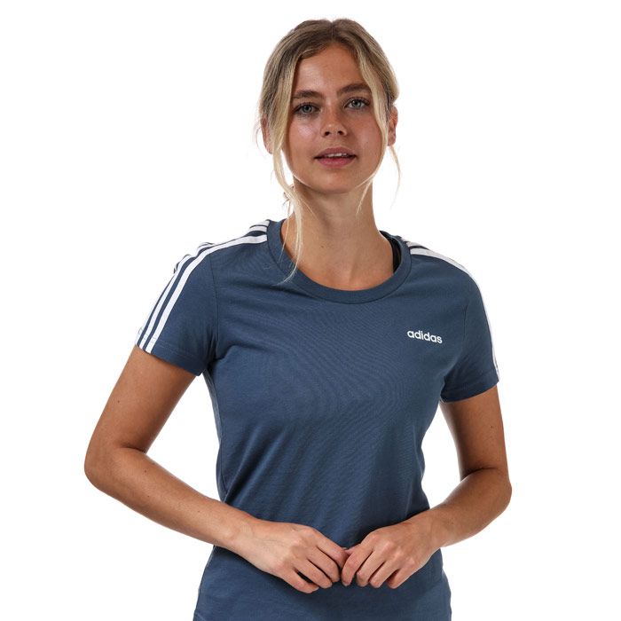Womens  adidas Essentials 3- Stripes T- Shirt in blue- white.- Ribbed crewneck.- Short sleeves.- 3-Stripes to the sleeves.- adidas linear logo printed at left chest.- Slim fit.- 100% Cotton.  Machine washable.- Ref: EI0765