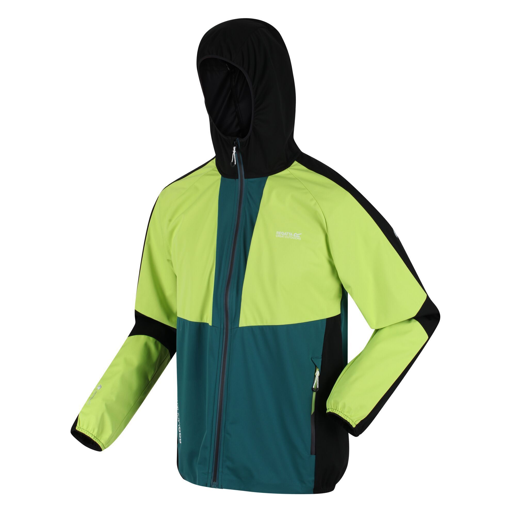 Material: 100% Polyester. Fabric: Softshell, Stretch. Design: Colour Block, Logo, Text. Fit: Streamlined. Fabric Technology: Breathable, DWR Finish, Lightweight, Moisture Control, Waterproof, Wind Resistant, XPT. Fabric Zip Pull, Inner Zip Guard. Neckline: Hooded. Sleeve-Type: Long-Sleeved. Cuff: Stretch Binding. Hood Features: Grown On Hood, Stretch Binding. Pockets: 2 Zip Pockets, 1 Chest Pocket, Zip. Fastening: Full Zip. 10000g/m²/24hrs. Hem: Stretch Binding.