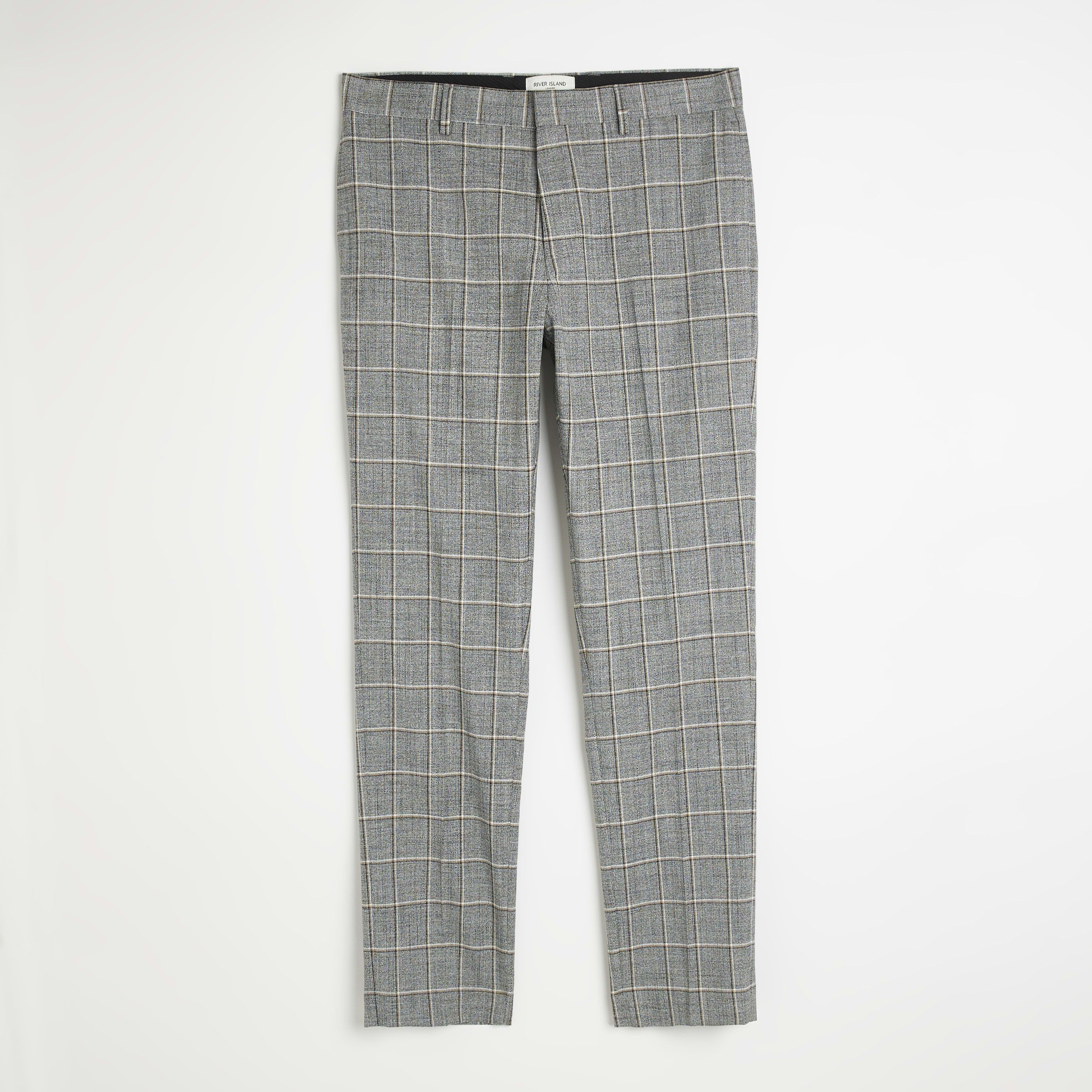 River Island Mens Suit Trousers Grey Camel Grid Check Slim