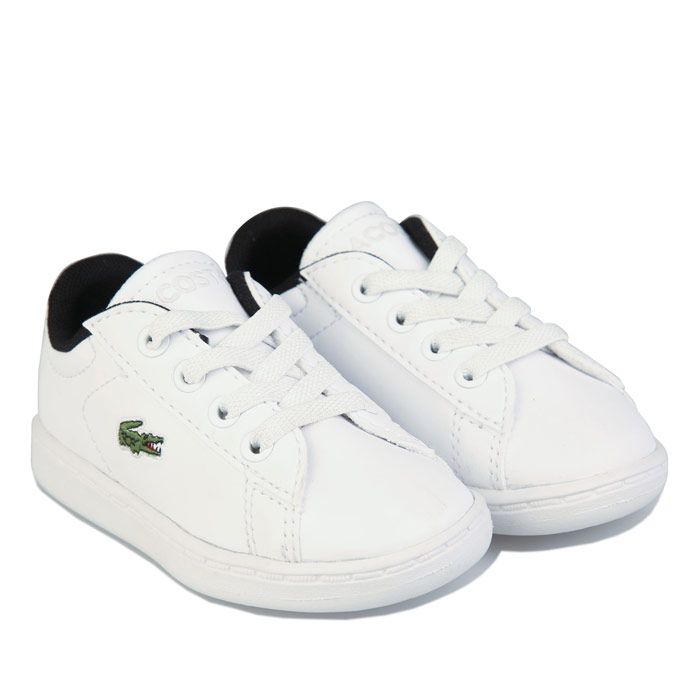 Infant Boys Lacoste Carnaby Evo Trainers in white black.- Leather and synthetic uppers.- Signature green crocodile branding.- Sport-inspired mesh linings and tread.- Tonal binding and webbing on the heel.- Rubber outsole.- Leather and synthetic upper  Textile lining  Synthetic sole.- Ref: 740SUI0002147