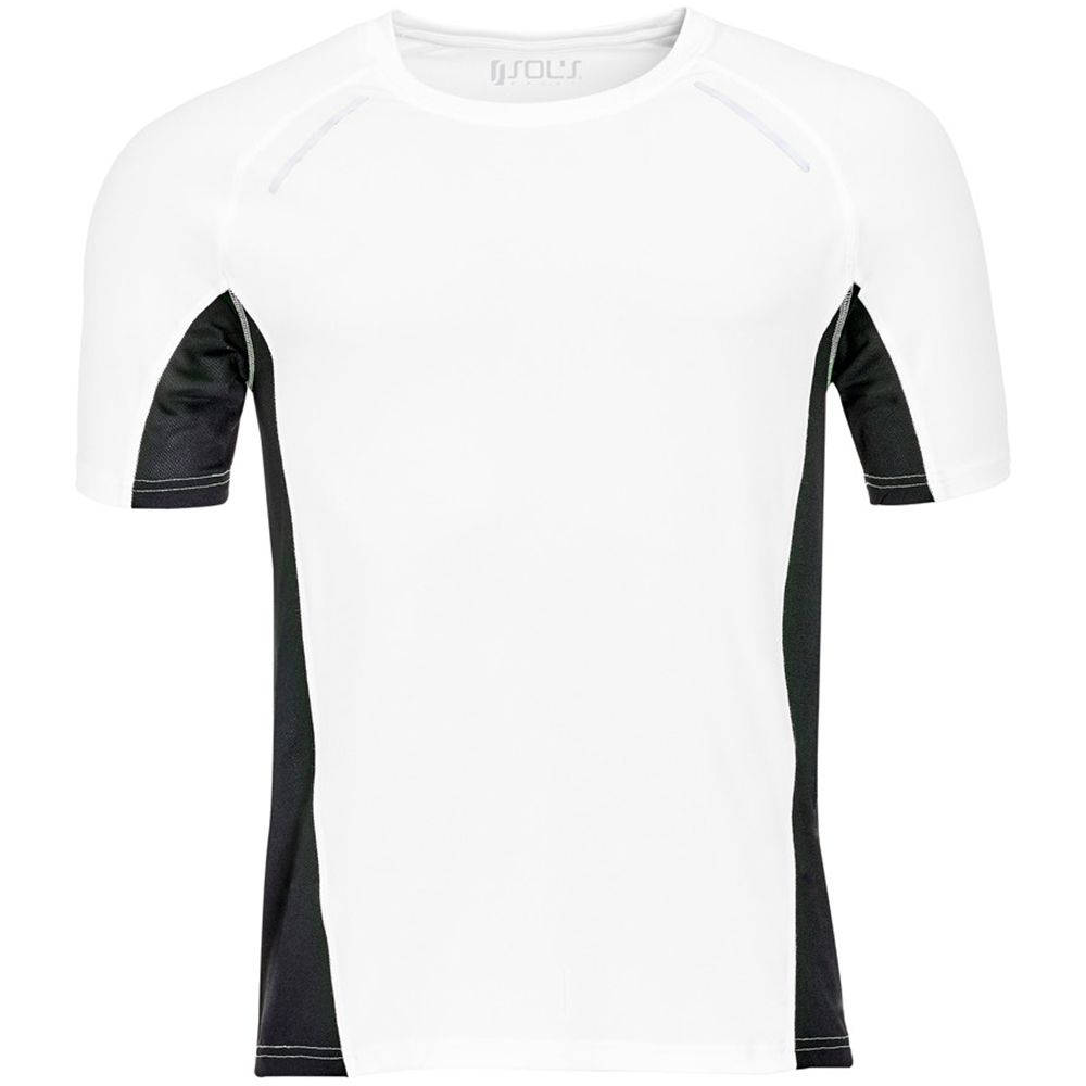 Mens running t-shirt. Self fabric collar. Taped neck. Raglan sleeves. Reflective detail on raglan seams. Contrast mesh side panels. Flatlock seams. Twin needle hem.Fabric: 92% Polyester/8% Elastane. Size: S: 36-38in, M: 38-40in, L: 41-42in, XL: 43-44in, XXL: 45-47in, 3XL: 47-49in.