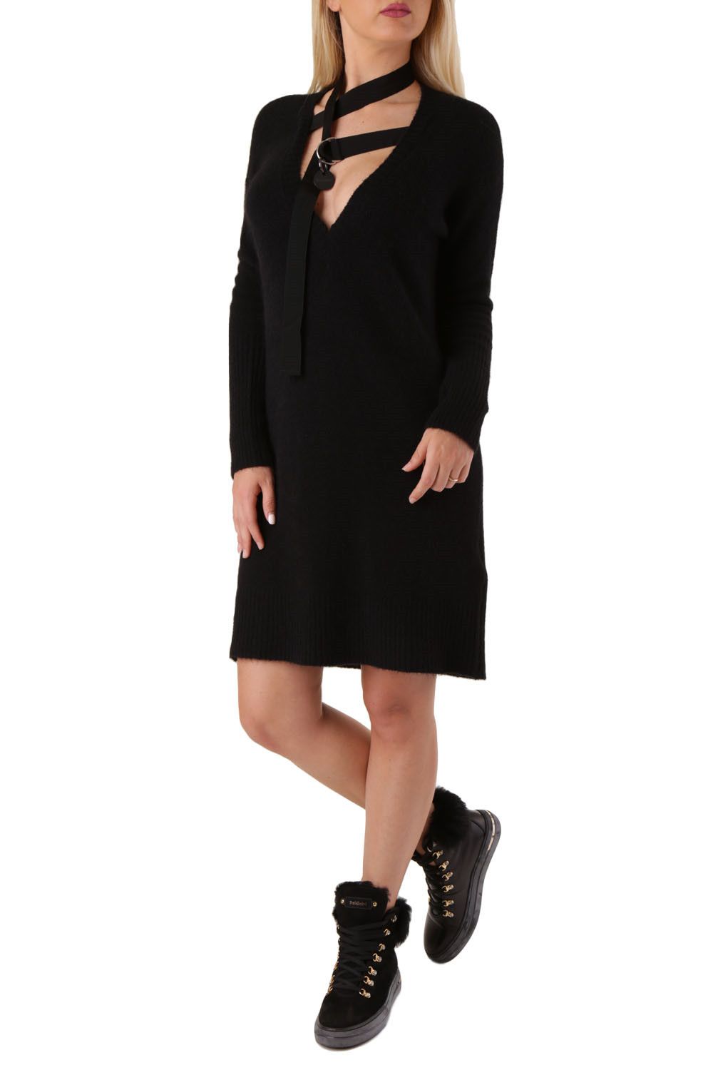 Brand: Diesel
Gender: Women
Type: Dresses
Season: Fall/Winter

PRODUCT DETAIL
• Color: black
• Pattern: plain
• Sleeves: long
• Neckline: low-cut v-neck

COMPOSITION AND MATERIAL
• Composition: -49% other fibres -1% elastane -10% wool -40% polyurethane 
•  Washing: machine wash at 30°