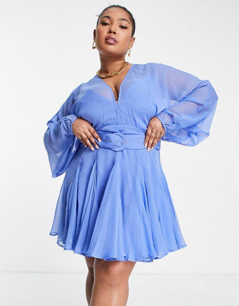 Plus-size dress by ASOS DESIGN All-dressed up V-neck Long sleeves Belted waist Button-keyhole back Regular fit Sold by Asos