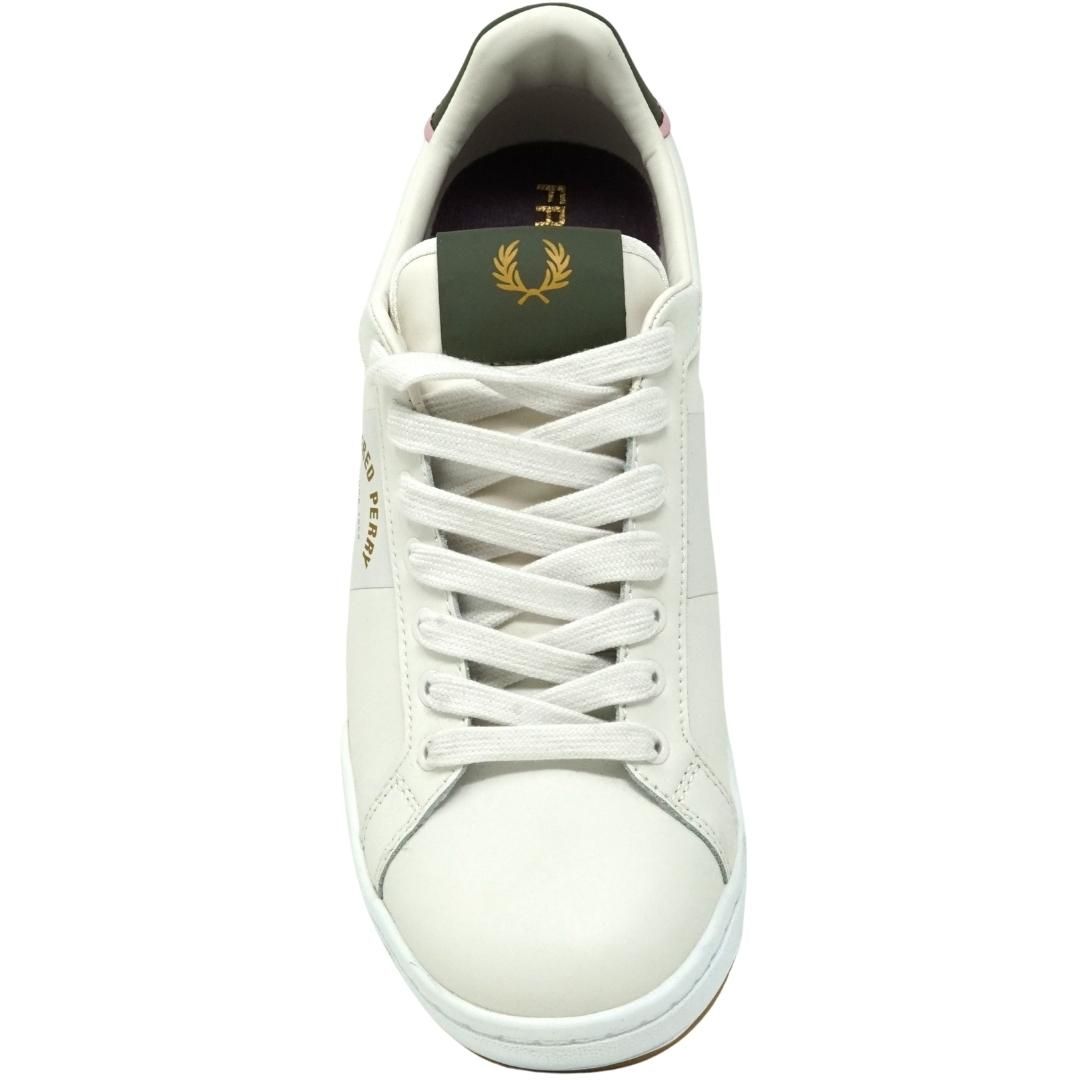 Fred Perry B1255 349 White Leather Trainers. Fred Perry White Shoes. Style: B1255 349. 100% Leather. Lace Fasten Trainers. Branded Badge On Side Of Shoe