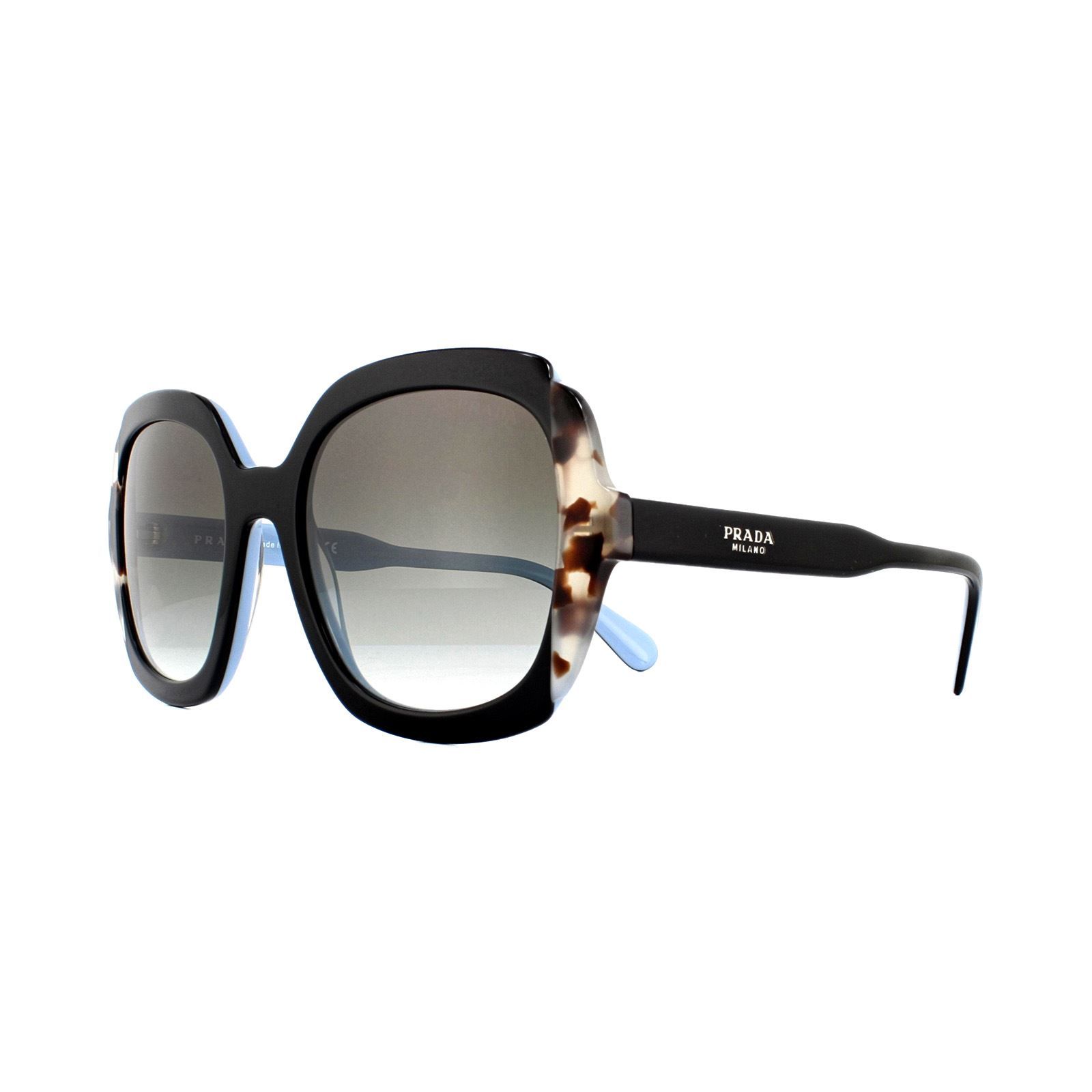 Prada Sunglasses PR 16US KHR0A7 Black Azure Spotted Brown Grey Gradient are a bold square shaped design with oversized lenses for women. The classic silhouette is crafted from thick acetate and features a contrasting coloured or patterned outer edge for a contemporary twist. Designed for the more daring fashion lover, an unexpected edge along the top will guarantee that you always draw attention.