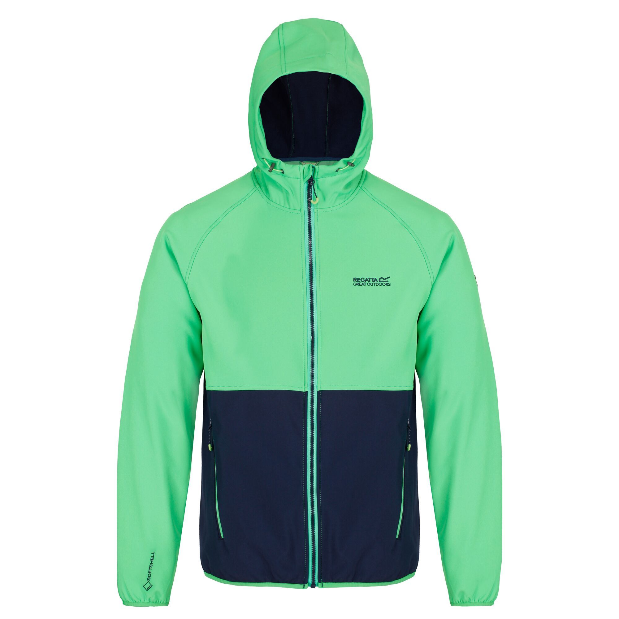 100% Polyester. Hooded, zip up jacket made from woven stretch softshell material with warming inner lining. Ideal for outdoor use in all weather. Hand wash.