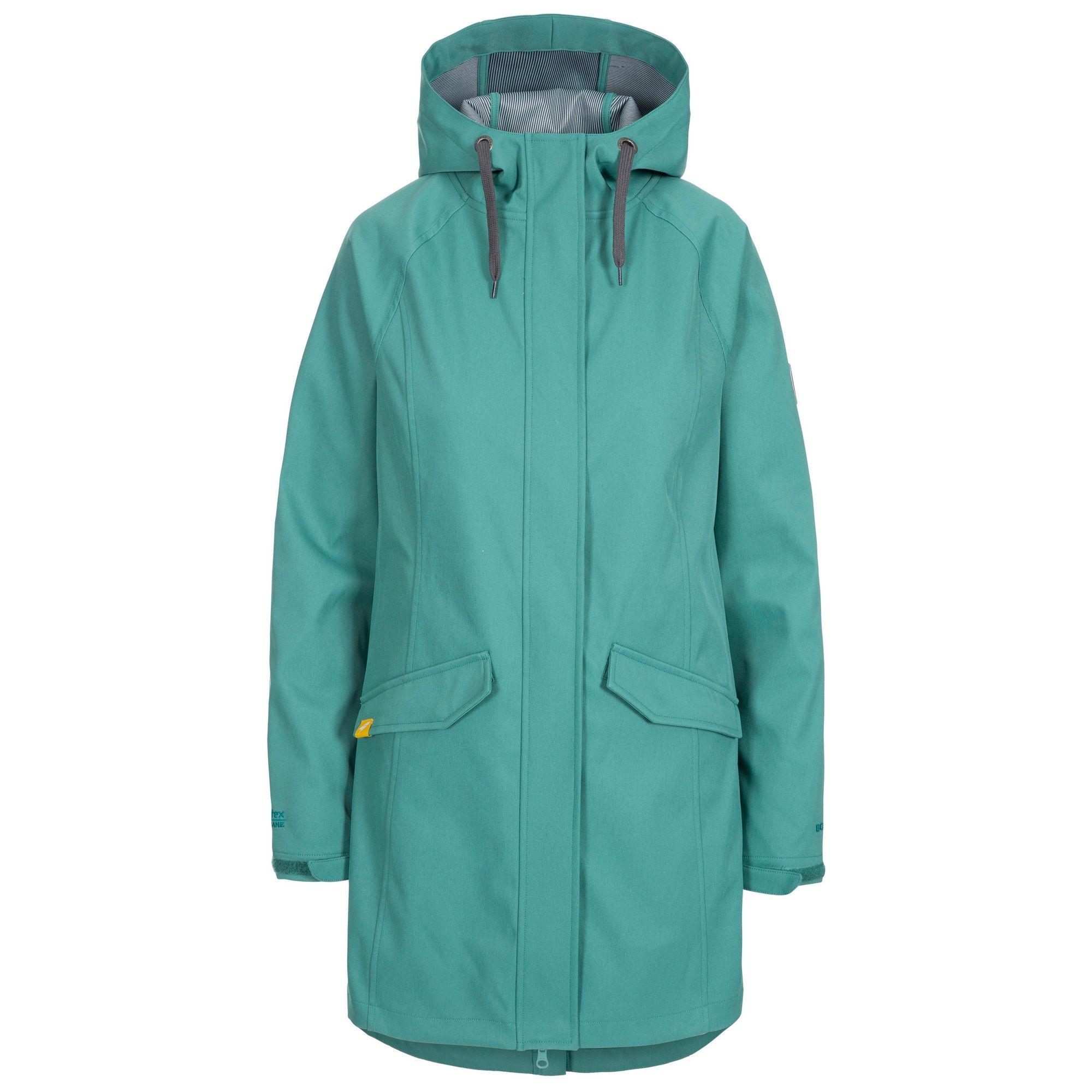 100% Polyester, TPU membrane. Longer length. Adjustable grown on hood. 2 lower pockets. 2 way centre front zip. Chin guard. Flat cuff with tab adjuster. Contrast bonded stripe back. Waterproof 8000mm, breathable 3000mvp, wind resistant. Trespass Womens Chest Sizing (approx): XS/8 - 32in/81cm, S/10 - 34in/86cm, M/12 - 36in/91.4cm, L/14 - 38in/96.5cm, XL/16 - 40in/101.5cm, XXL/18 - 42in/106.5cm.