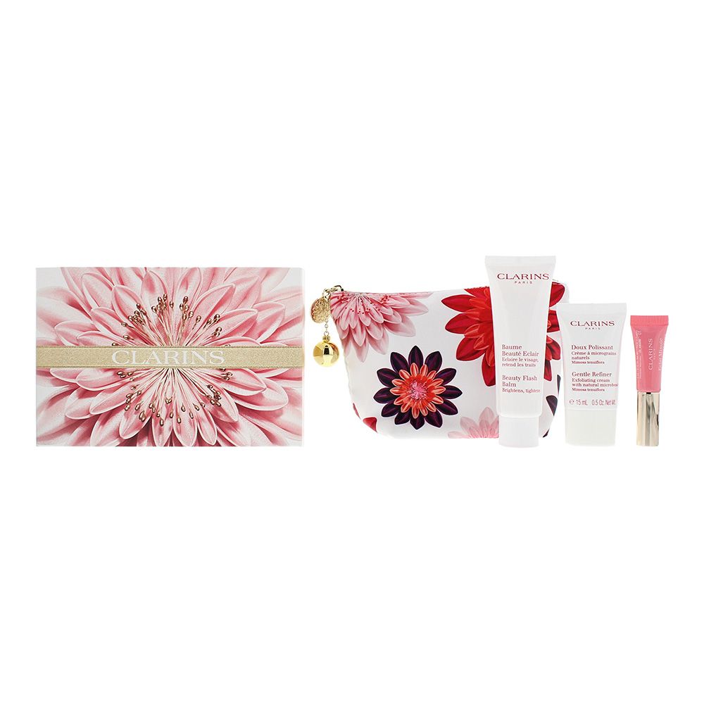 Clarins Radiance Boosting 3 Piece Gift Set: Beauty Flash Balm 50ml - Gentle Refiner Exfoliating Cream 15ml - Lip Perfector 01 Rose Shimmer 5ml is a wonderful skincare gift set which comes together with 3 wonderful products that revitalizes your face and eliminates the appearance of fine lines and wrinkles. Gives the skin a healthy glow.