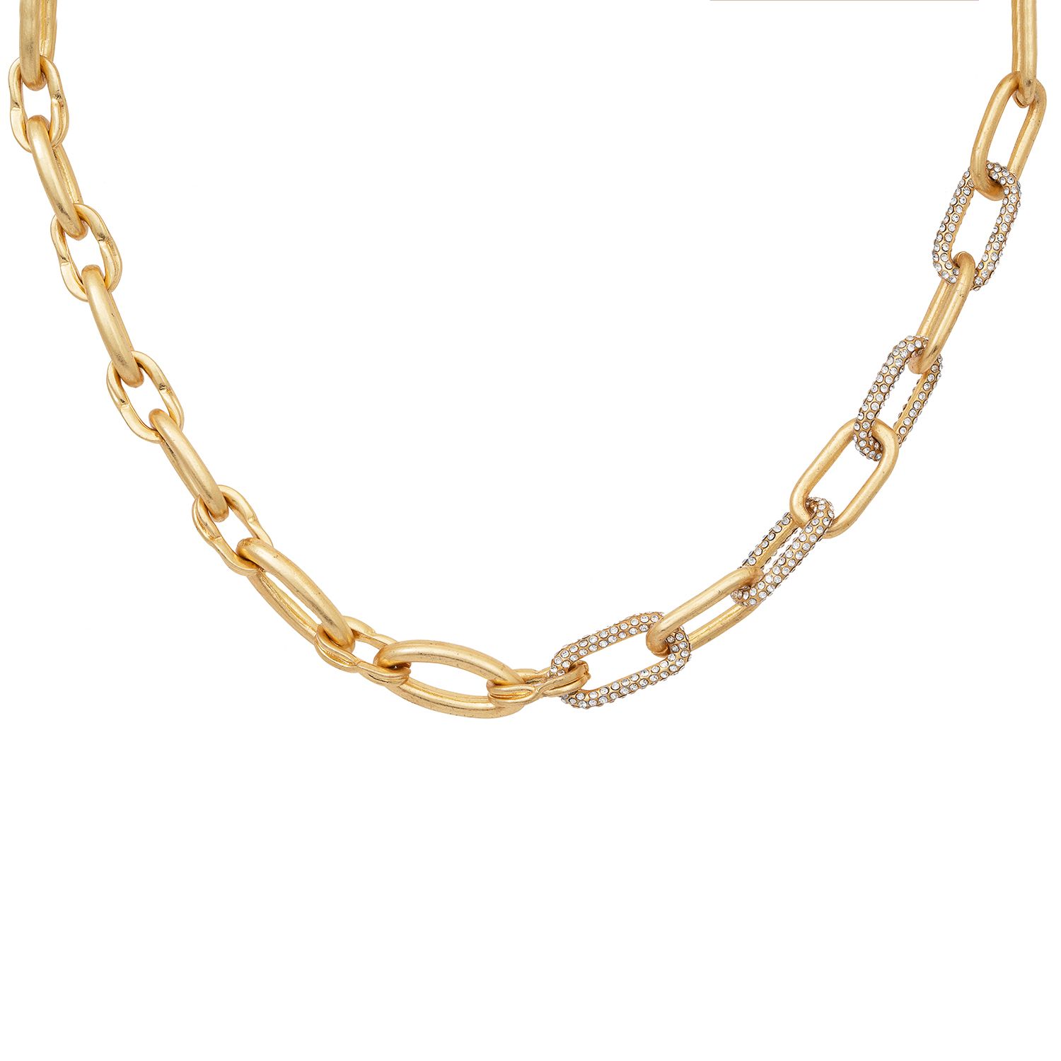 Simple and stunning, this gold chunky necklace features subtle sparkle with pave encrusted links on one half. Strong but delicate, it's such an on trend look right now and perfect for the winter months when we need our jewellery to really shine through. The 16 inch gold plated chain features a lobster clasp and 3 inch extender so you can adjust it for your look. It also comes with the most perfect matching bracelet! When it doubt, go simple and style it out.