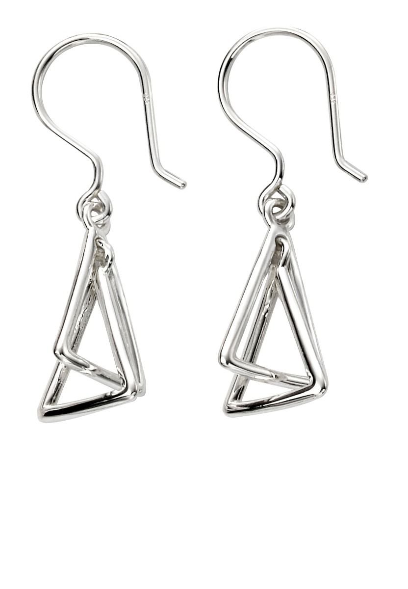 Triangle drop earrings<li>Modern interlocked triangles design drop earrings<li>Hook fitting<li>Earring height including hook is 3.6cm<li>Anti tarnish plated<li>Comes Complete with Branded Packaging