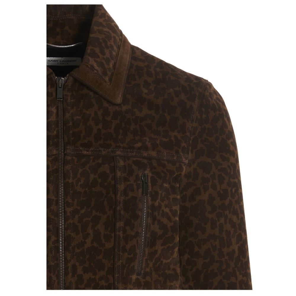 Animal print suede jacket featuring a zip closure.