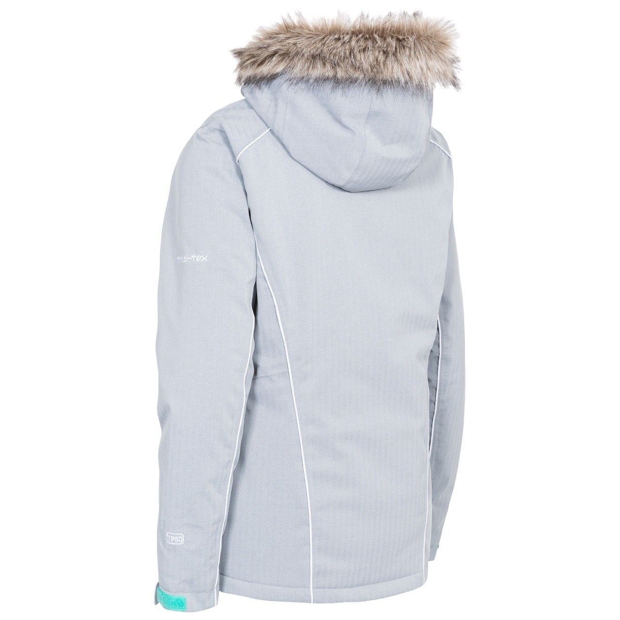 100% polyester. Womens ski jacket with faux fur lined hood. Touch fastening sleeves. 2 x front pockets. Full zip. Ideal for skiing.