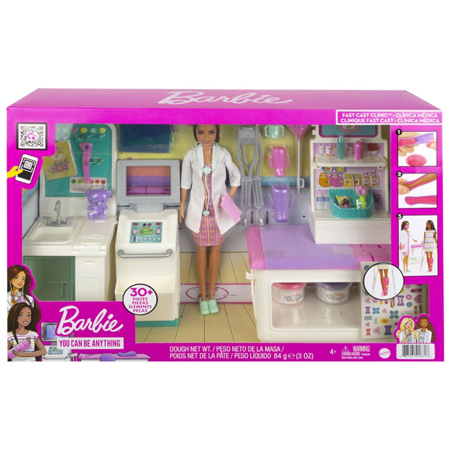 Kids can have all sorts of medicine-themed fun with the Barbie Fast Cast Clinic playset! This playset features a brunette Barbie doctor doll and four play areas - medical station, exam table, X-ray machine, and gift shop - for kids to create their own doctor-patient stories! Kids can make colorful casts for their Barbie doll patients (sold separately) with the cast-making feature. This Barbie playset includes 30+ toy accessories and pieces, including dough containers, crutches, stickers, and more! Makes an excellent gift for kids aged 3+.

​Explore a world of taking care of others with the Barbie Fast Cast Clinic playset
​Wearing a cute plaid dress, white doctor's coat, and sporting a stethoscope and clipboard, the Barbie doctor doll (12-in/30.40-cm) is ready to take care of patients
​Barbie doctor doll can prepare at her medical station, take X-rays and check patients on the exam table
​When she determines a patient has a broken arm or leg, she can make a pink, purple, or white cast with the dough and cast-making accessories! There are also stickers to decorate the patient's cast
​Barbie doctor doll can also use dough in the bandage-making station to create a wrap for her patient injuries as well!
​When she determines a patient has a broken arm or leg, she can make a pink, purple, or white cast with the dough and cast-making accessories! There are also stickers to decorate the patient's cast
​Some of the accessories feature a clip so Barbie doctor doll can hold them for even more realistic play
​Makes a great gift for kids 3 years old and up, especially those interested in the medical field and helping others

Box Contains:
1x Barbie Fast Cast Clinic Playset with Brunette Barbie Doctor Doll
4x Play Areas
30x Play Pieces including dough containers, crutches, stickers, and more