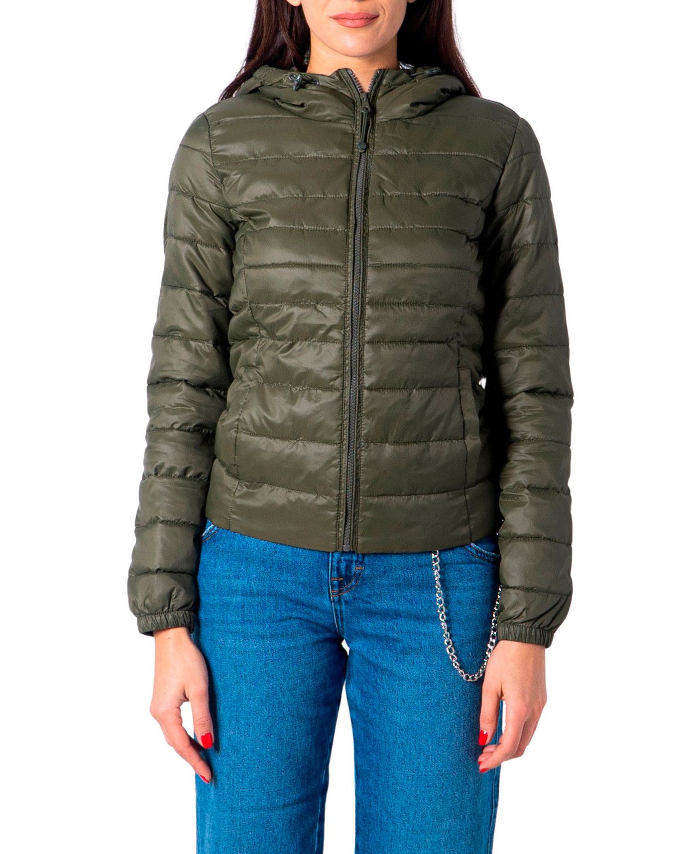 Brand: Only   Gender: Women   Type: Jackets   Color: Green   Sleeves: Long Sleeve   Collar: Hood   Fastening: With Zip   Pockets: Front Pockets   Season: Fall/winter . length:medium. style:zipper. material:nylon. type:bomber. hood:hood