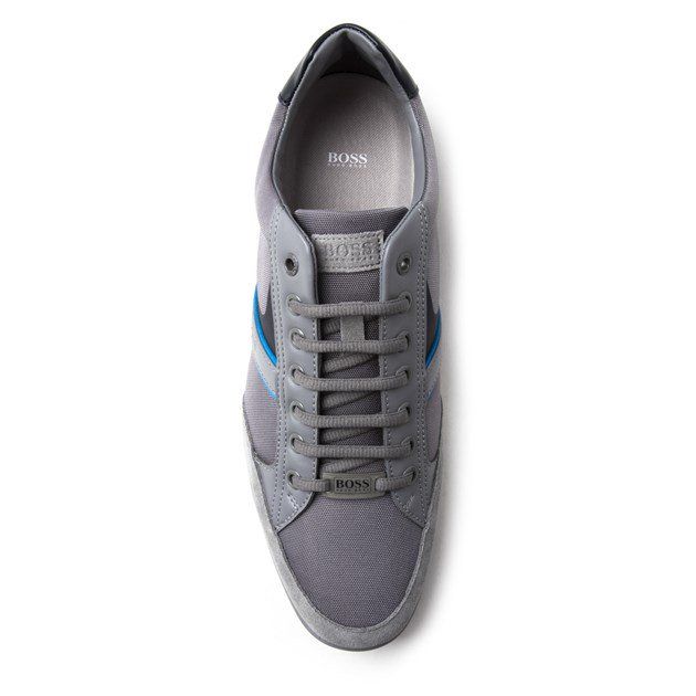 Men's Blue-grey Boss Saturn Lowp_mx Trainers With Low Profile, Nylon Upper, Lace Up Fastening, And Padded Tongue And Cuff, With Signature Boss Branding And Grey Suede Detail. Designed With A Reinforced Heel And Moulded Removable Footed, Durable Rubber Sole And Textured Grip Tread Give This Practical Sneaker A Luxurious Look.