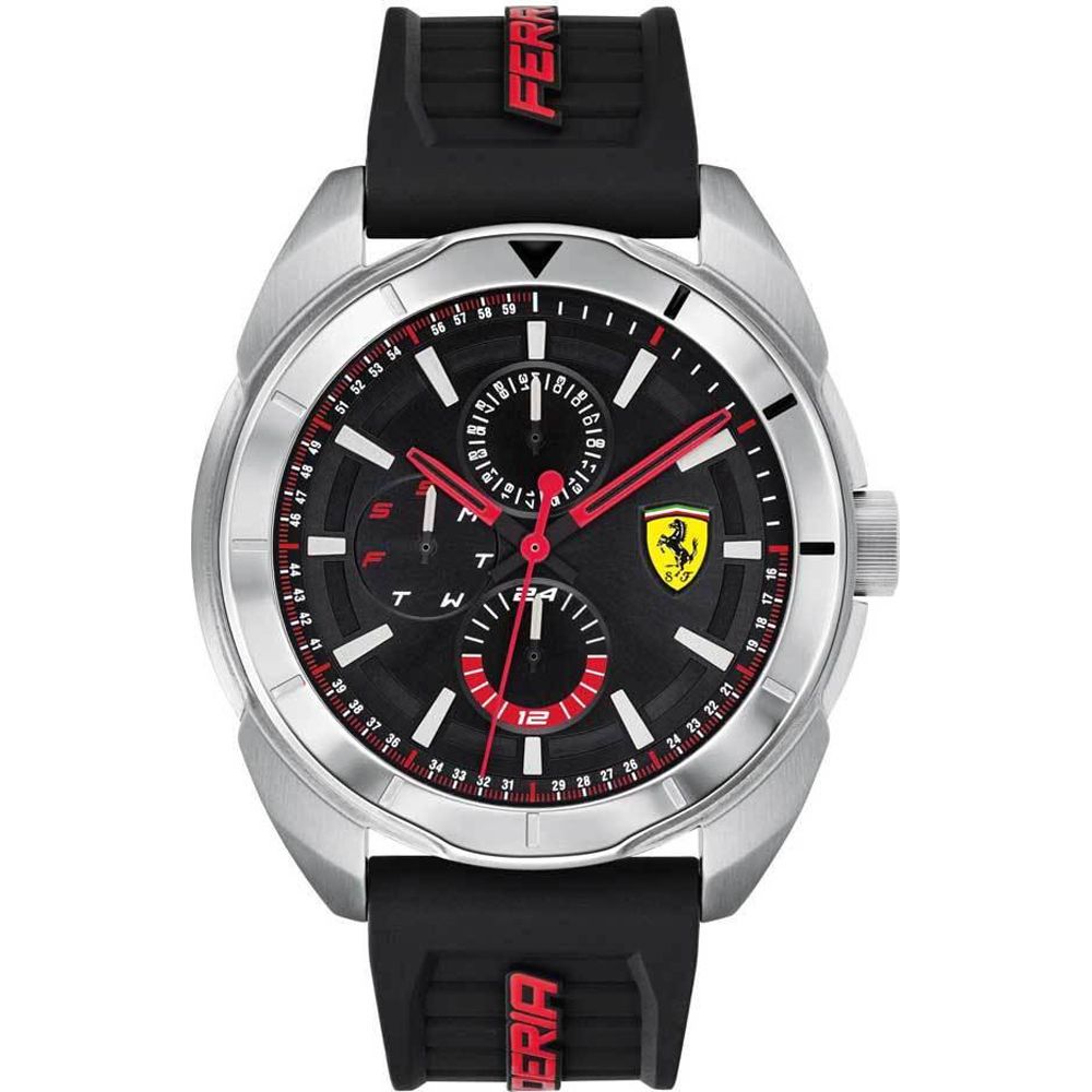 This Ferrari Forza Multi Dial Watch for Men is the perfect timepiece to wear or to gift. It's Silver 45 mm Round case combined with the comfortable Black Silicone will ensure you enjoy this stunning timepiece without any compromise. Operated by a high quality Quartz movement and water resistant to 3 bars, your watch will keep ticking. Fashionable Sporty Design, Perfect for all kind of sports, indoor and outdoor activities or daily use -The watch has a Calendar function: Day-Date, 24-hour Display High quality 21 cm length and  21 mm width Black Silicone strap with a Buckle Case diameter: 45 mm,case thickness: 10 mm, case colour: Silver and dial colour: Black